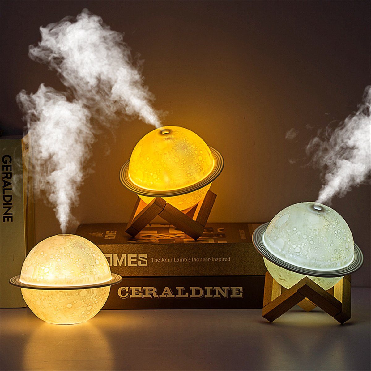 K&B Kombigerät Luftbefeuchter und -reiniger Mondbefeuchter und Projektor-Nachtlicht mit Holzständer Planet Classic