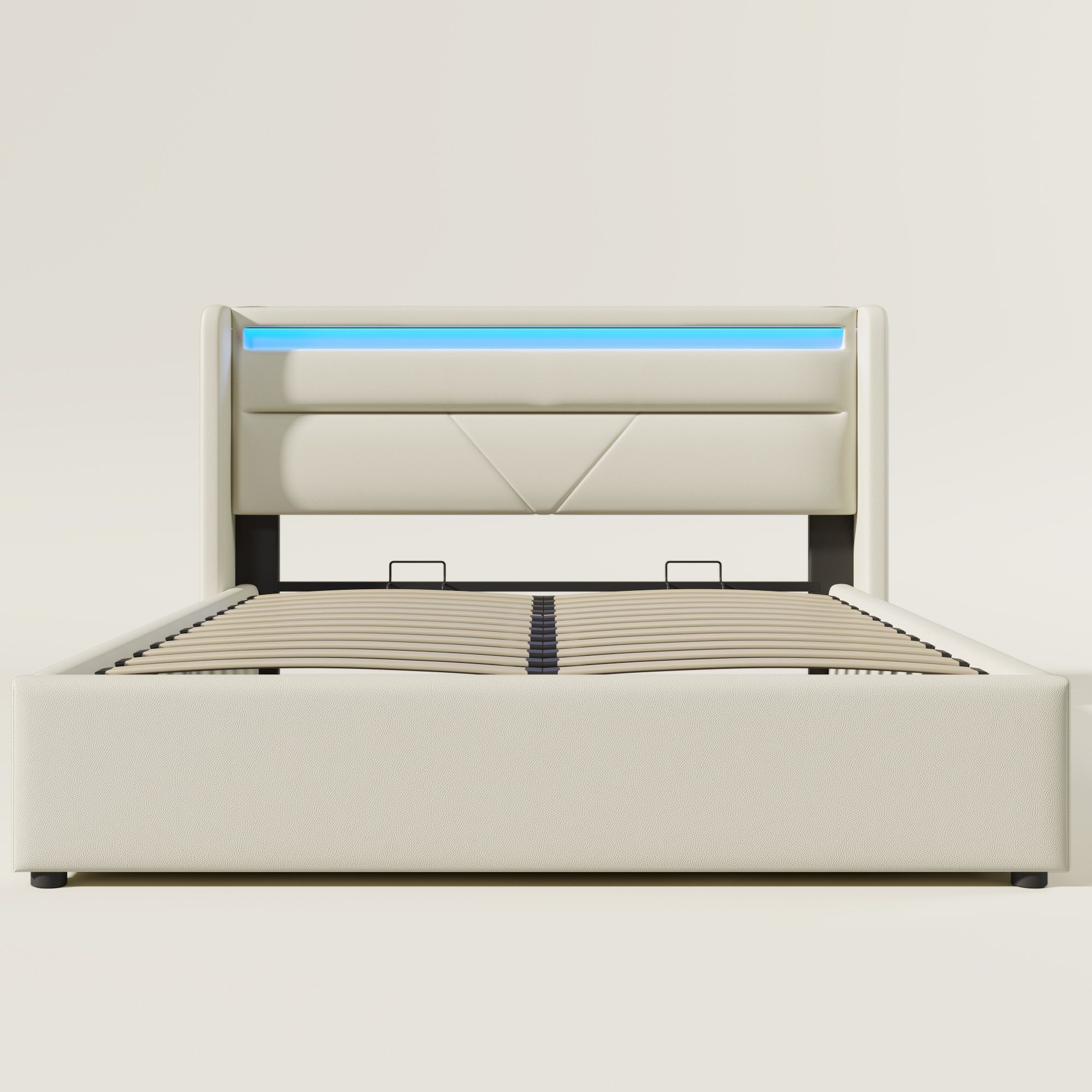 mit weiß Polsterbett LED-Beleuchtungsleiste, Hydraulisches Doppelbett 140 200cm × Ulife Stauraumbett