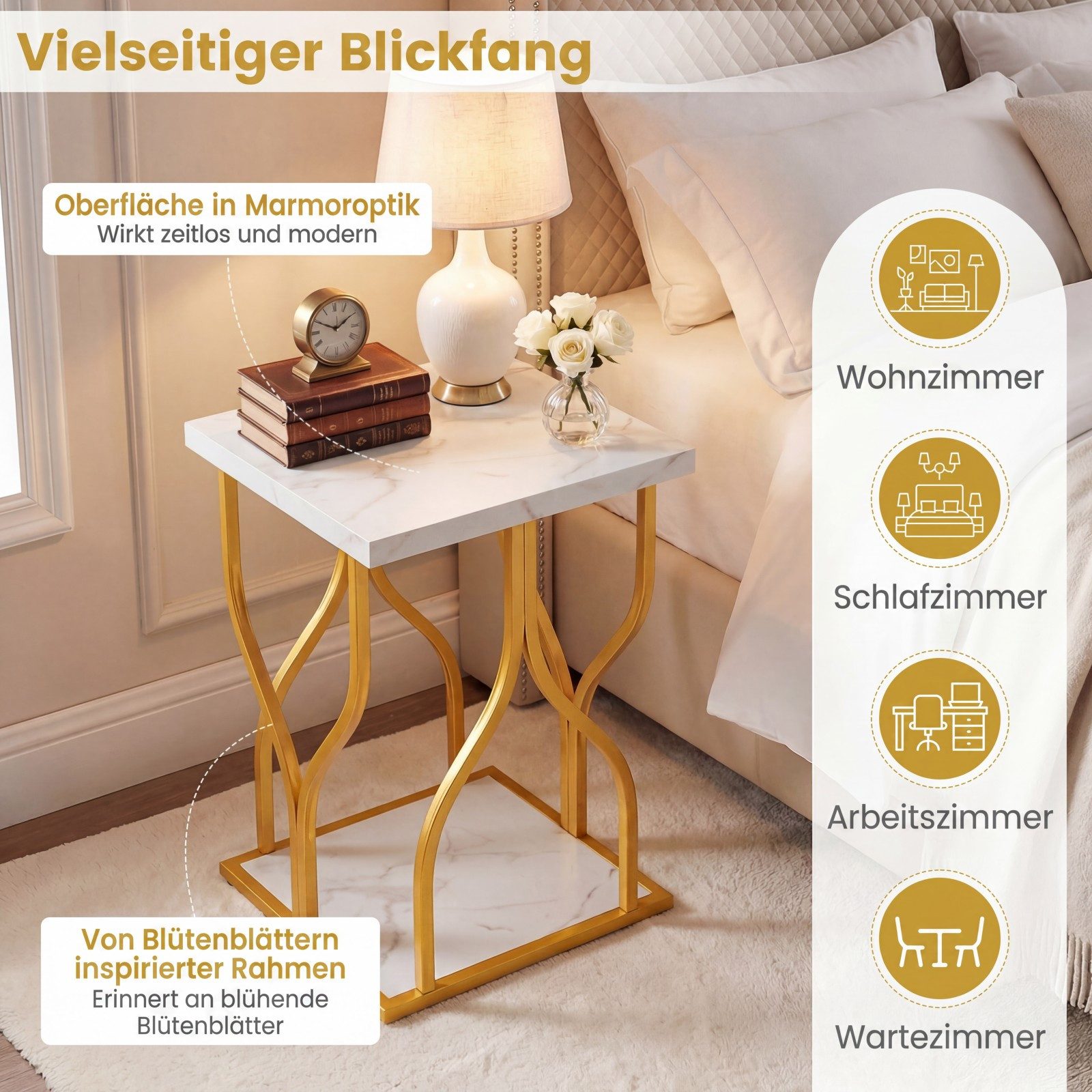 COSTWAY Beistelltisch, Nachttisch quadratisch Marmor-Optik gold 39,5x39,5x59,5cm