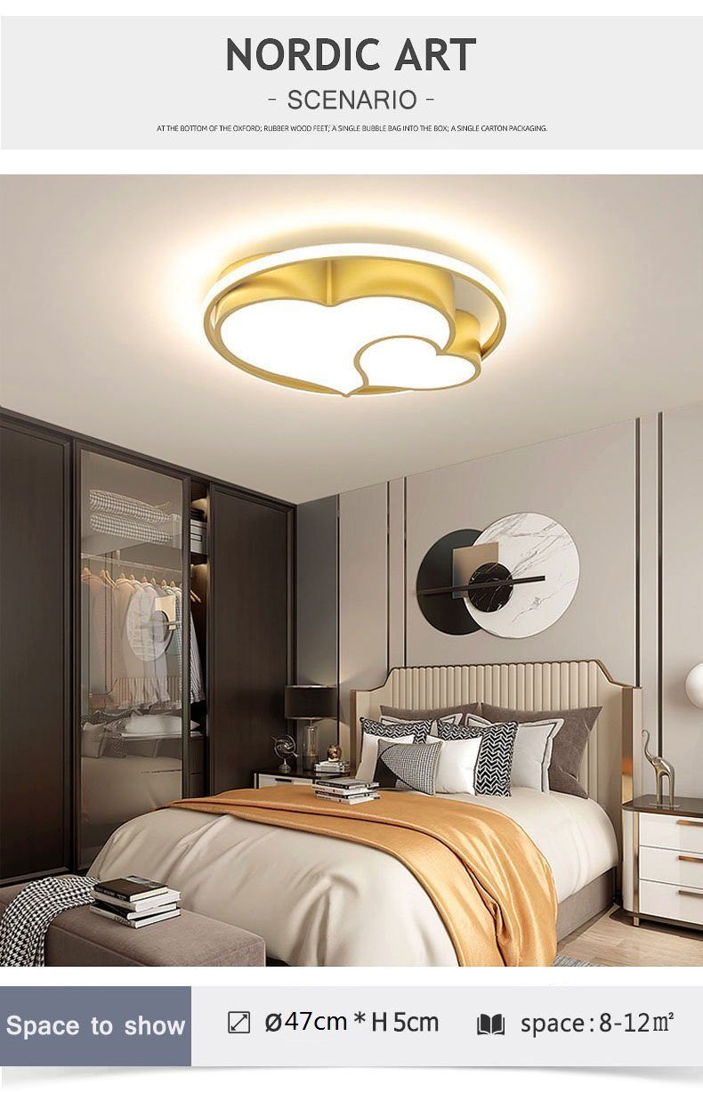 fest Dimmbar Fernbedienung Gold 33W dimmbar Herzform LED Neutralweiß, LED Warmweiß, Deckenleuchten Wohnzimmer, Deckenleuchte Deckenlampe mit Daskoo LED stufenlos integriert, Kaltweiß,