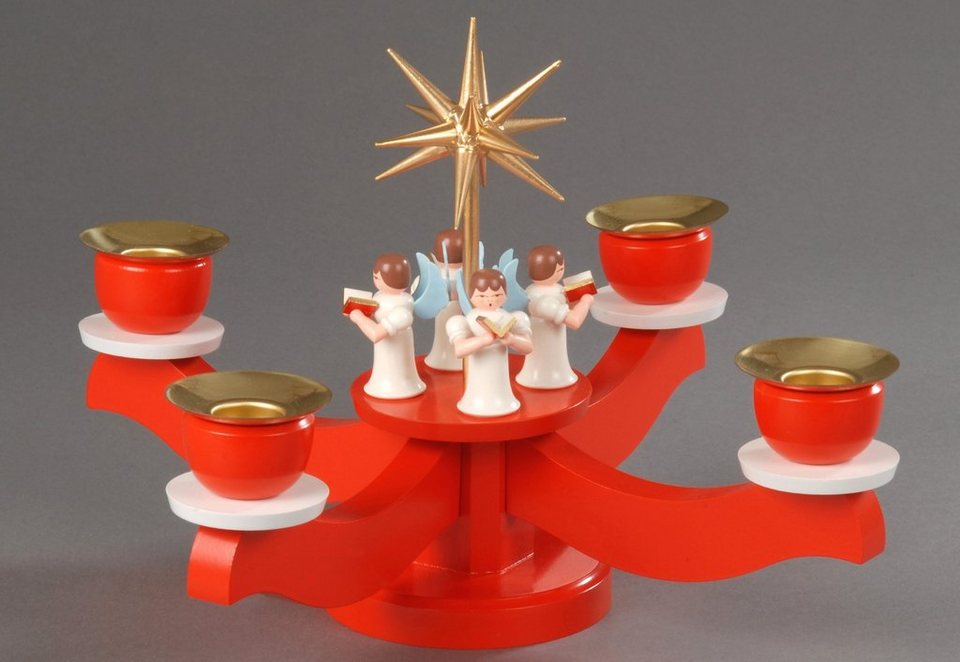 Albin Preissler Adventsleuchter Weihnachtsdeko rot, mit 4 stehenden Engeln,  Inkl. Kerzen und Tannenkranz
