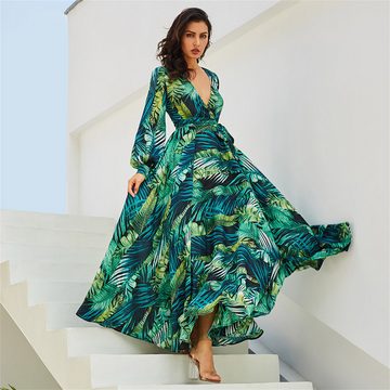 ZWY Abendkleid Sexy langes Kleid mit Laternenärmeln und tiefem V-Print