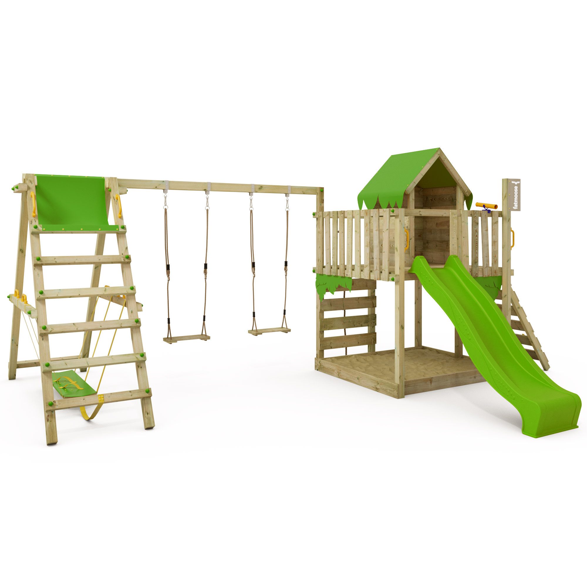 FATMOOSE Spielturm JazzyJungle mit SurfSwing – Abenteuer-Spielhaus mit Rutsche, extrem witterungsbeständig mit 10 Jahren Garantie*