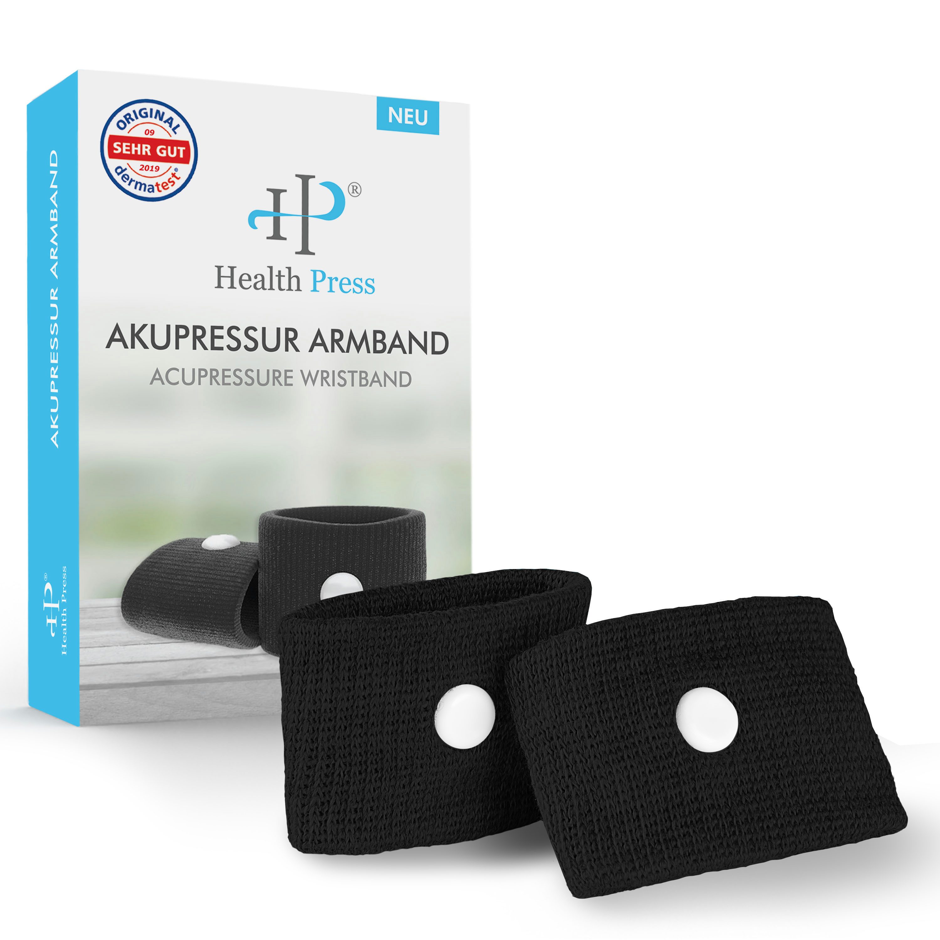 Health Press Akupressur-System-Bandage Armband Schwarz mit optimierter Passform für jedes Handgelenk geeignet, Dermatologisch getestet