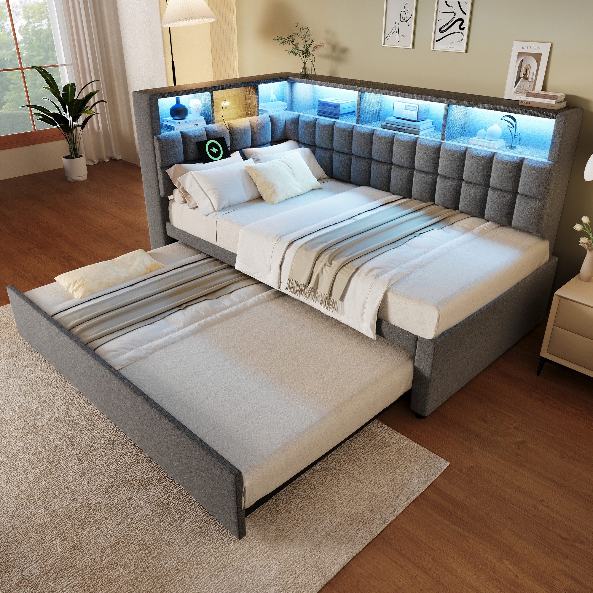OKWISH Polsterbett Leinen-Ausziehbett 90/180x200 cm mit LED, Bluetooth und Stauraum. (Funktionsbett, 1-tlg., L-Kopfteil mit Stauraumregal, Schlafsofa/Gästebett), mit LED-Beleuchtung & USB/Type-C Ladestation