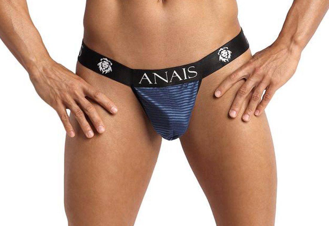 String Herren Jock Strap in blau aus feinem dehnbaren Netzmaterial mit Querst