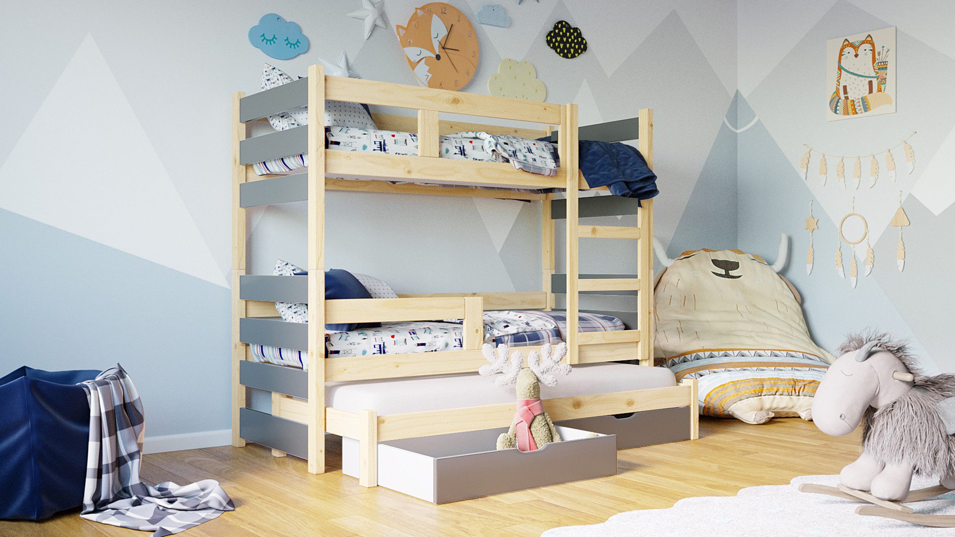 thematys Hochbett Etagenbett mit Ausziehbett + Rausfallschutz INKL. 3 Matratzen 180x75cm (MADE IN EU-Kinderbett für Jungen und Mädchen, in Weiß, Grau, Natur, Rosa, Grün, Minze oder Blau, inklusive Lattenroste - Aus Kiefernholz und MDF Platten gefertigt) mit zwei Schubladen