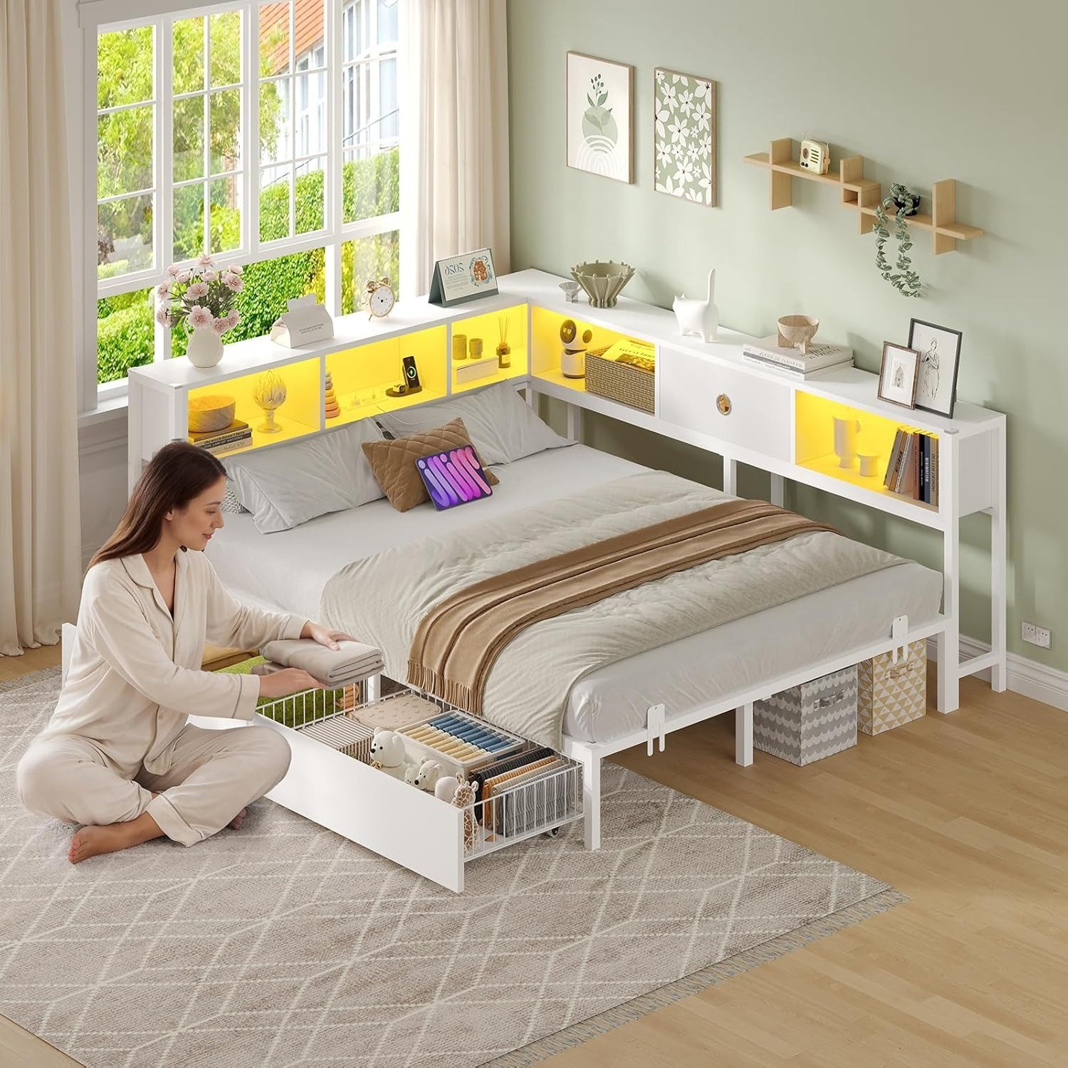MSMASK Daybett L-Form Schlafsofa mit LED-Beleuchtung und Steckdose, Kinderbett (1 tlg), Jugendbett mit Metallrost, 140x200cm, Weiß – Bild 3 von 5