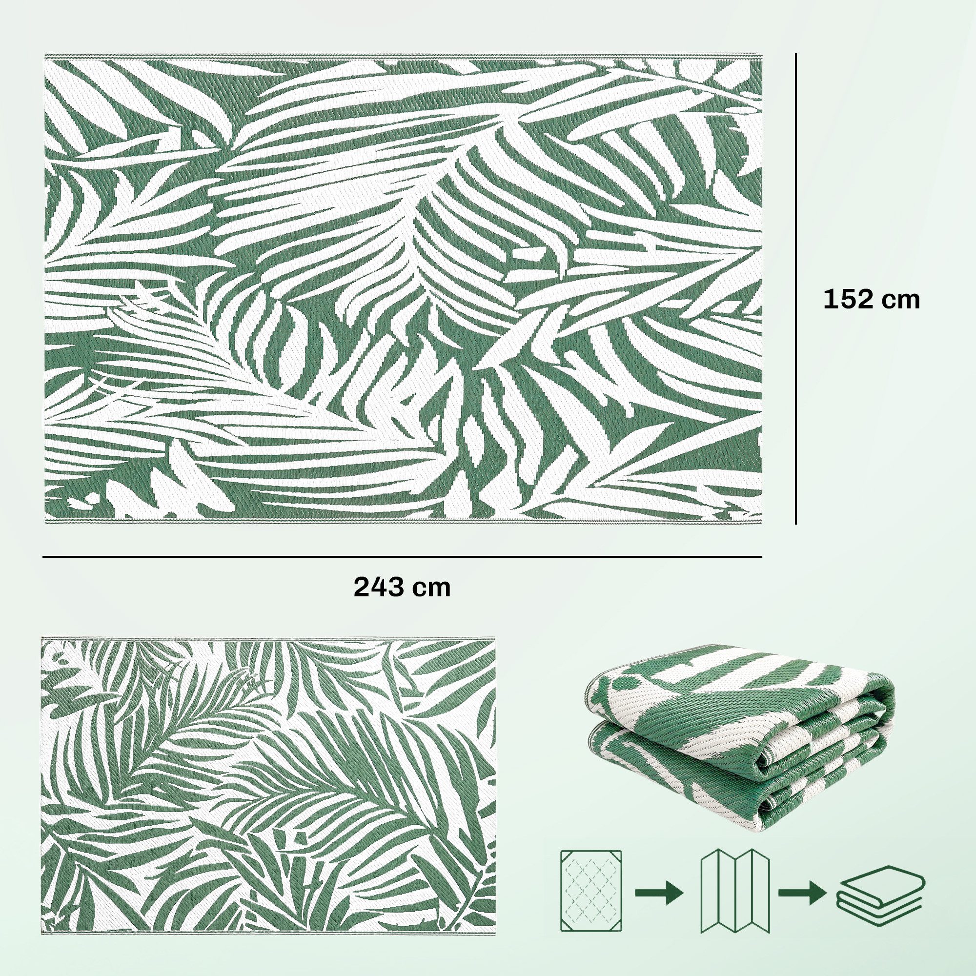 Outsunny Outdoorteppich Outdoor Teppich, wendbares wetterfest Carpet mit Blätter-Muster, rechteckig, Höhe: 1 mm, 152 x 243 cm Dunkelgrün
