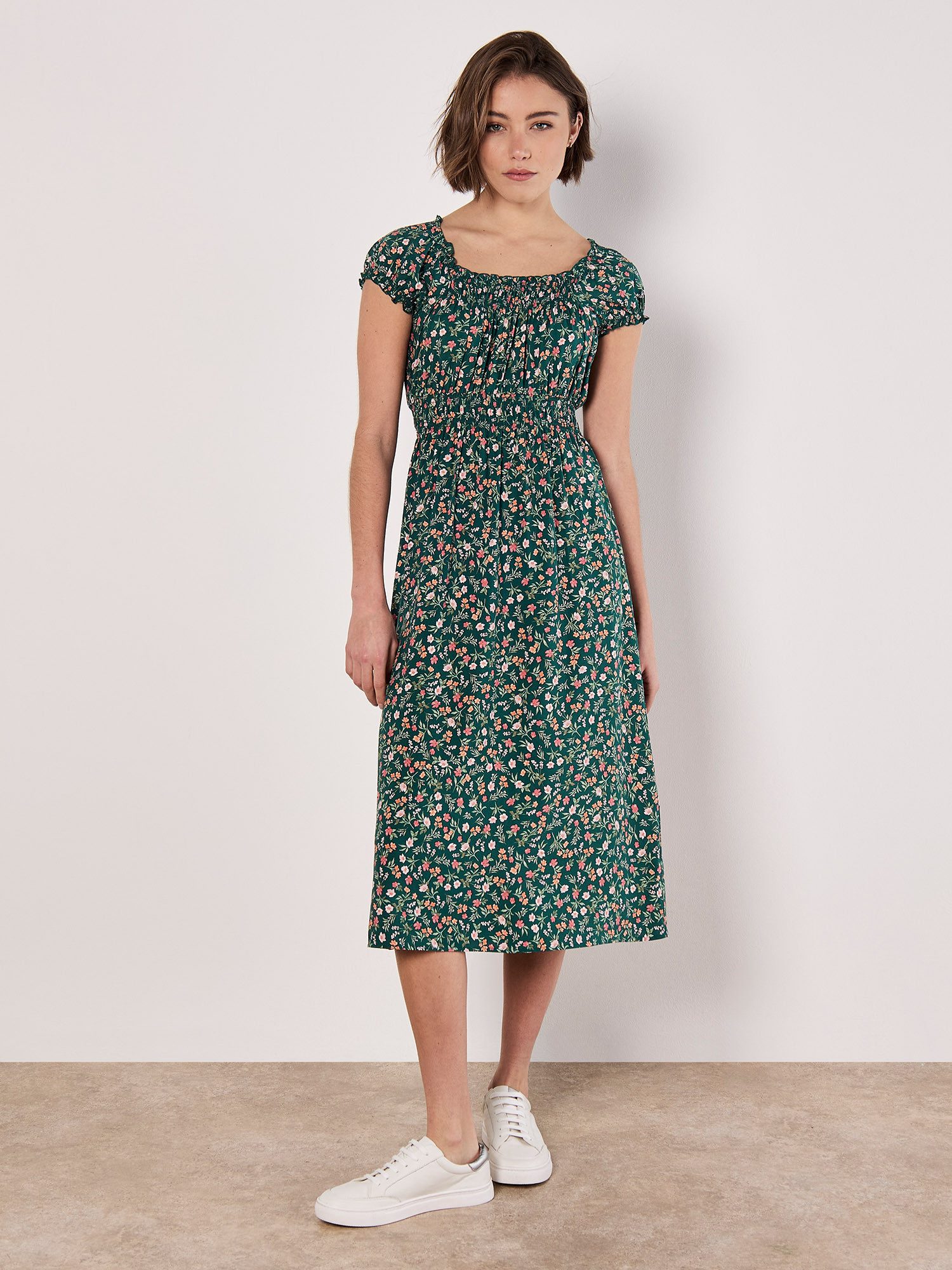Apricot Midikleid Florales Midikleid mit gesmokter Taille