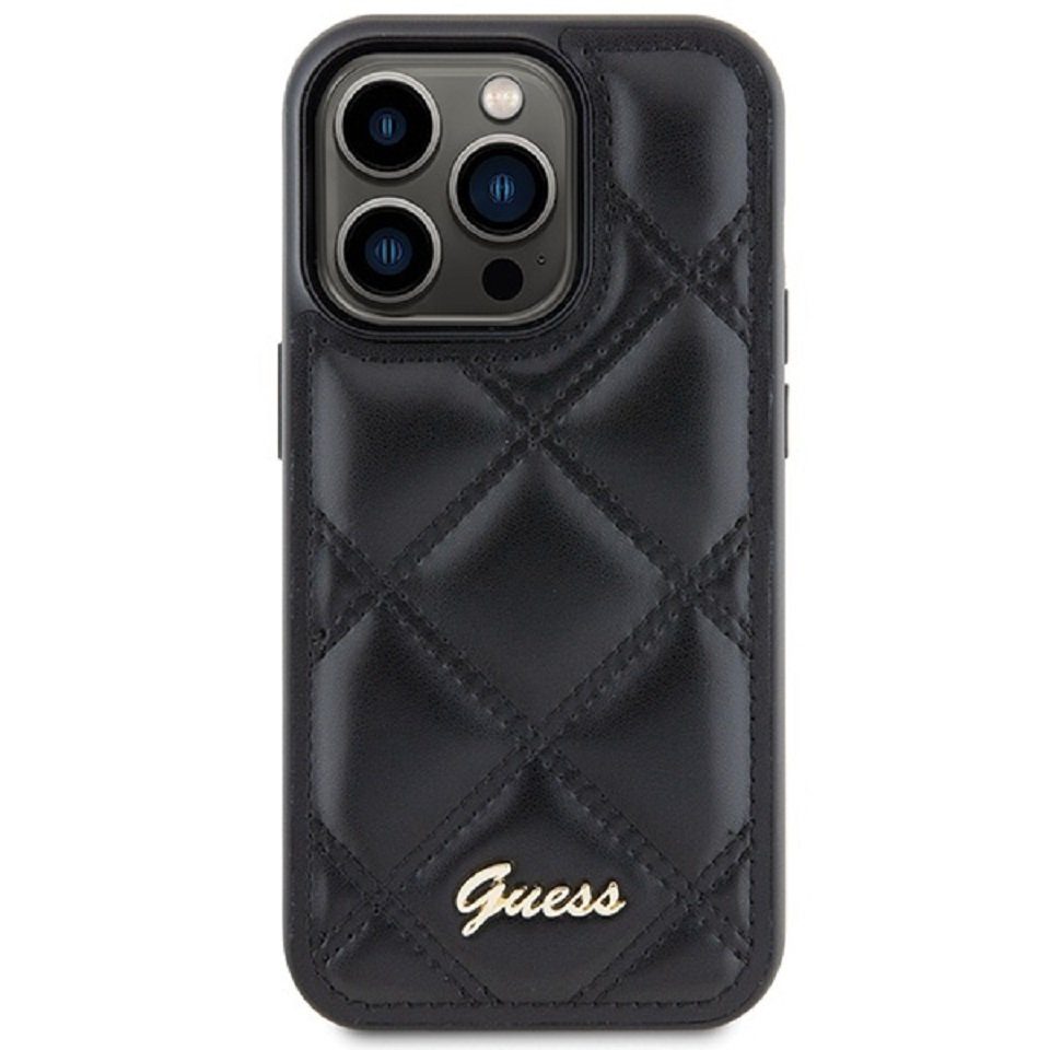 Guess Handyhülle Case iPhone 15 Pro Kunstleder schwarz mit Logo goldfarben 6,1 Zoll, Kantenschutz