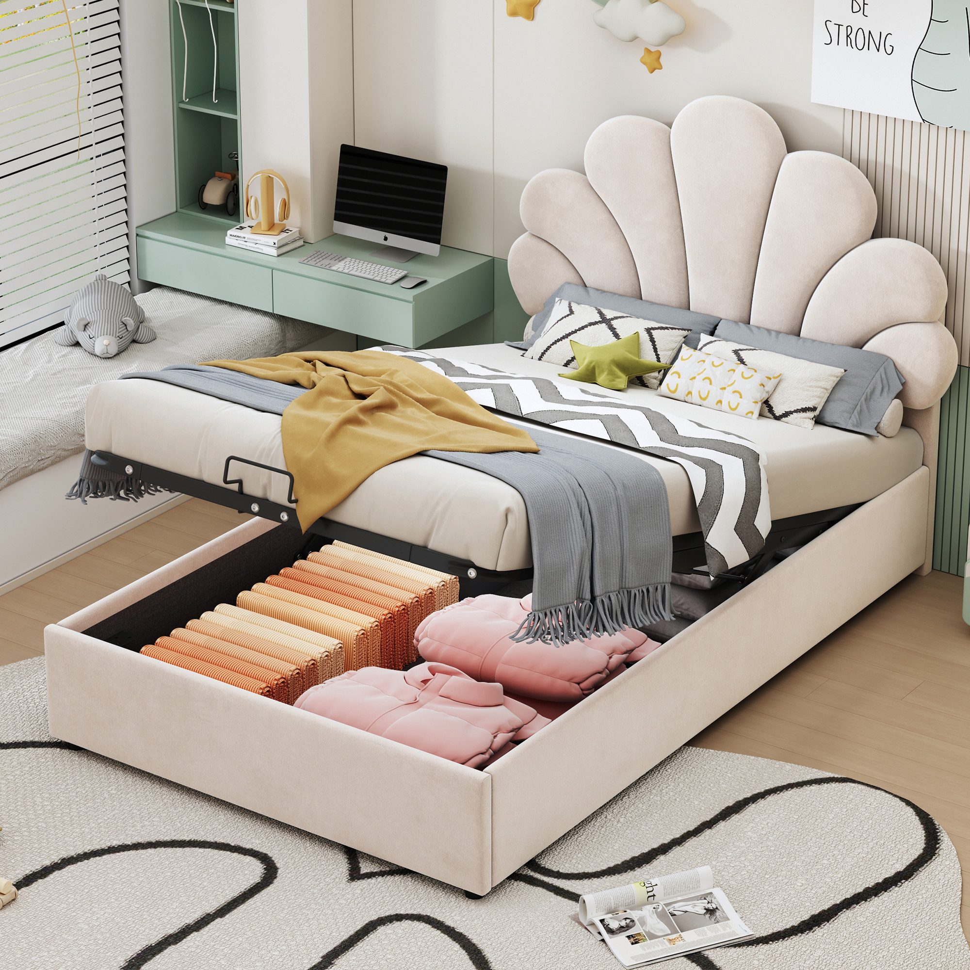 Merax Polsterbett 90x200cm mit floralem Kopfteil (1-tlg), Kinderbett mit St günstig online kaufen