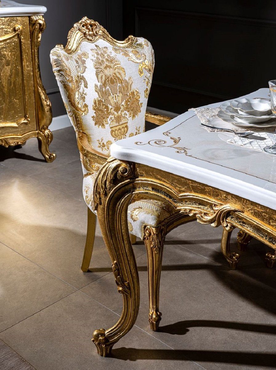 und & Küchen handgefertigte Luxus Casa / Gold Esszimmerstuhl Weiß Barock Möbel Esszimmerstuhl elegantem Muster Armlehnen 6 Barock Prunkvoll Esszimmer - - mit Edel Set - Stühle Padrino