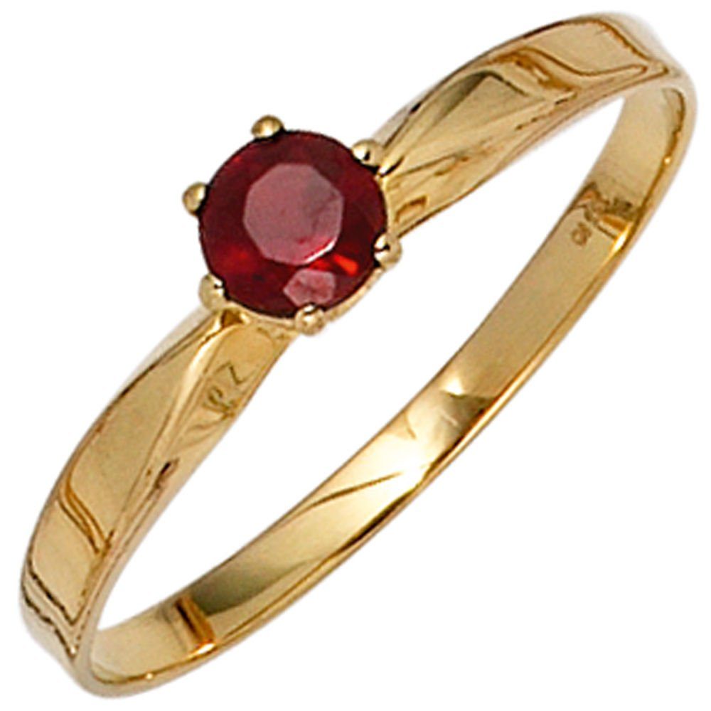 Schmuck Krone Fingerring Ring Damenring mit Granat rot dunkerot & 585 Gold Gelbgold schlicht, Gold 585