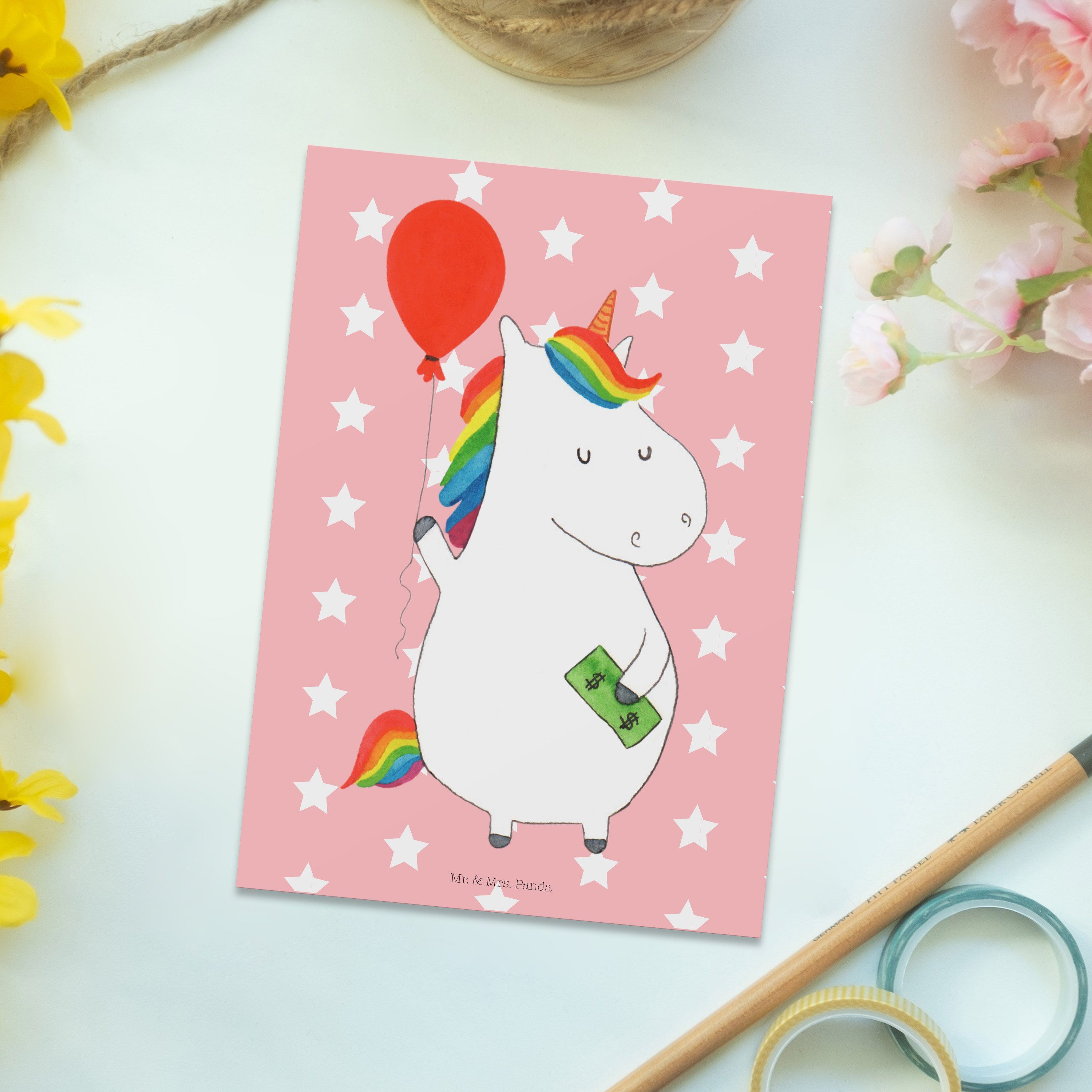 Einladungskarte Postkarte - - Pastell Panda & Geschenk, Mrs. Mr. Einhorn Rot Freude, Luftballon