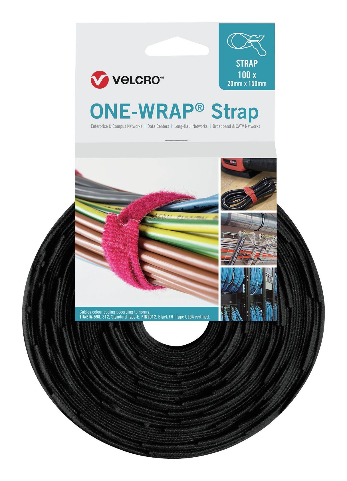 VELCRO Kabelbinder (100 Stück) Klettkabelbinder One Wrap Strap 20 x 330 mm, schwarz