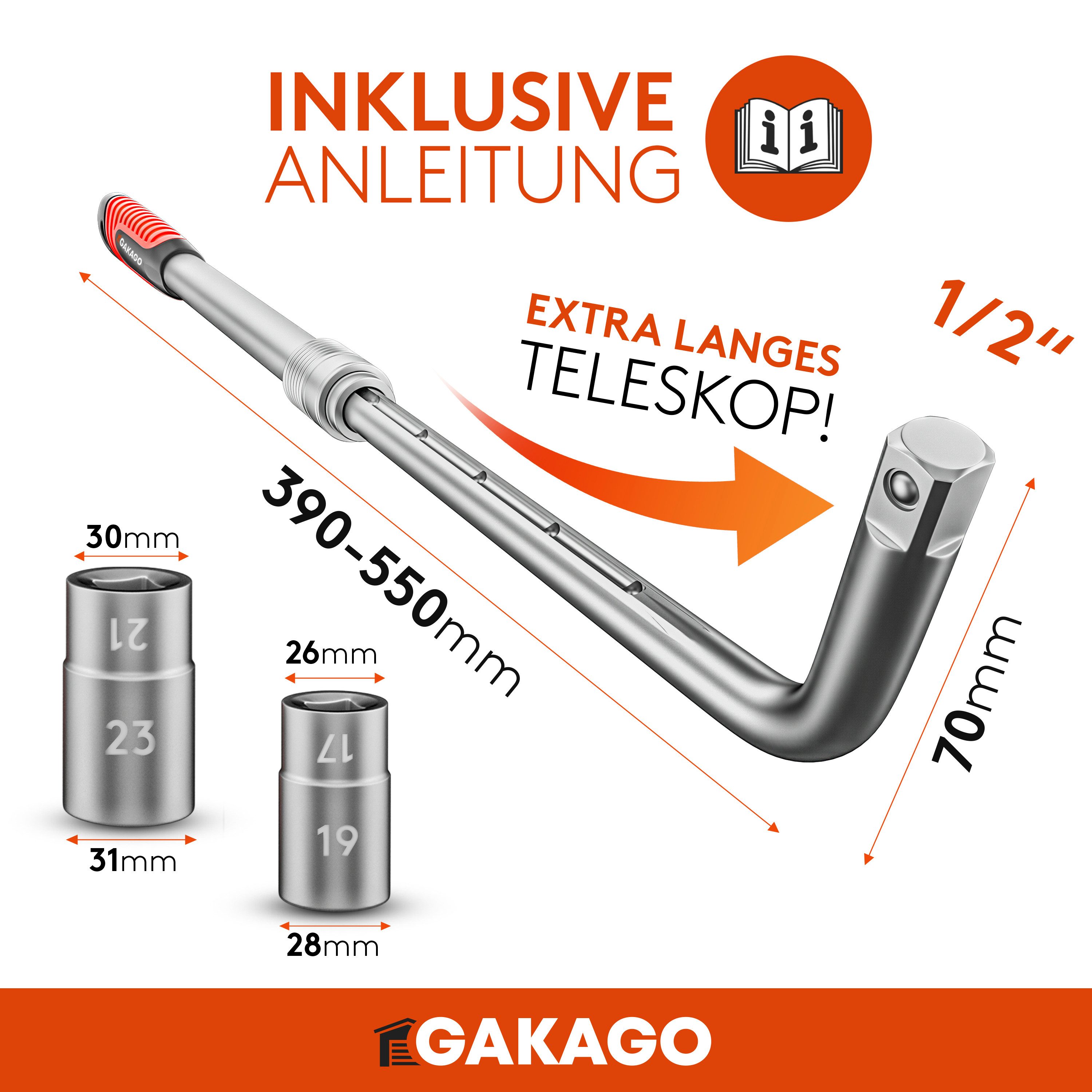 Gakago Telescopic Wheel Nut Wrench (Set, with 17/19mm & 21/23mm in storage bag), - Extra long extendable 1/2 inch wheel wrench