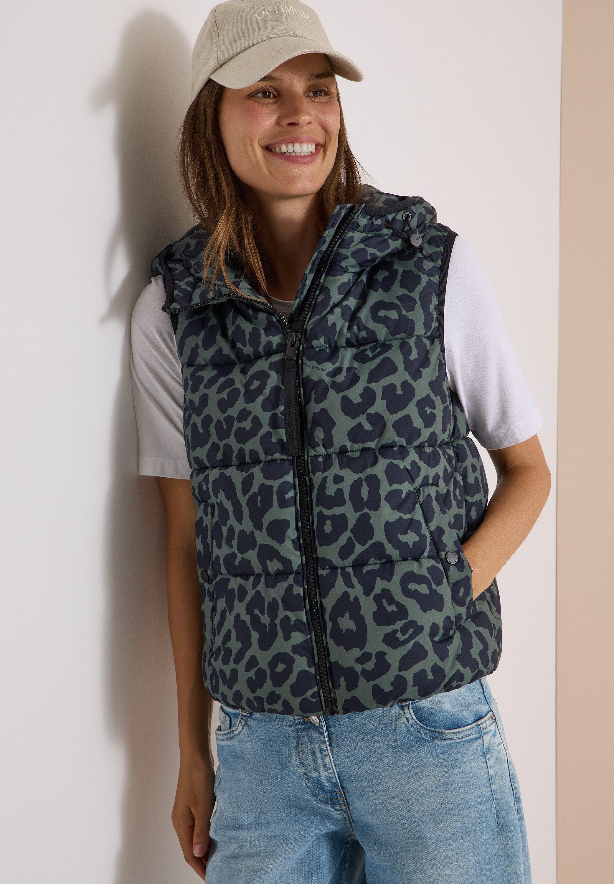 CECIL Steppweste Kapuze mit Kordelzug, Elastiksaum, Animal-Print