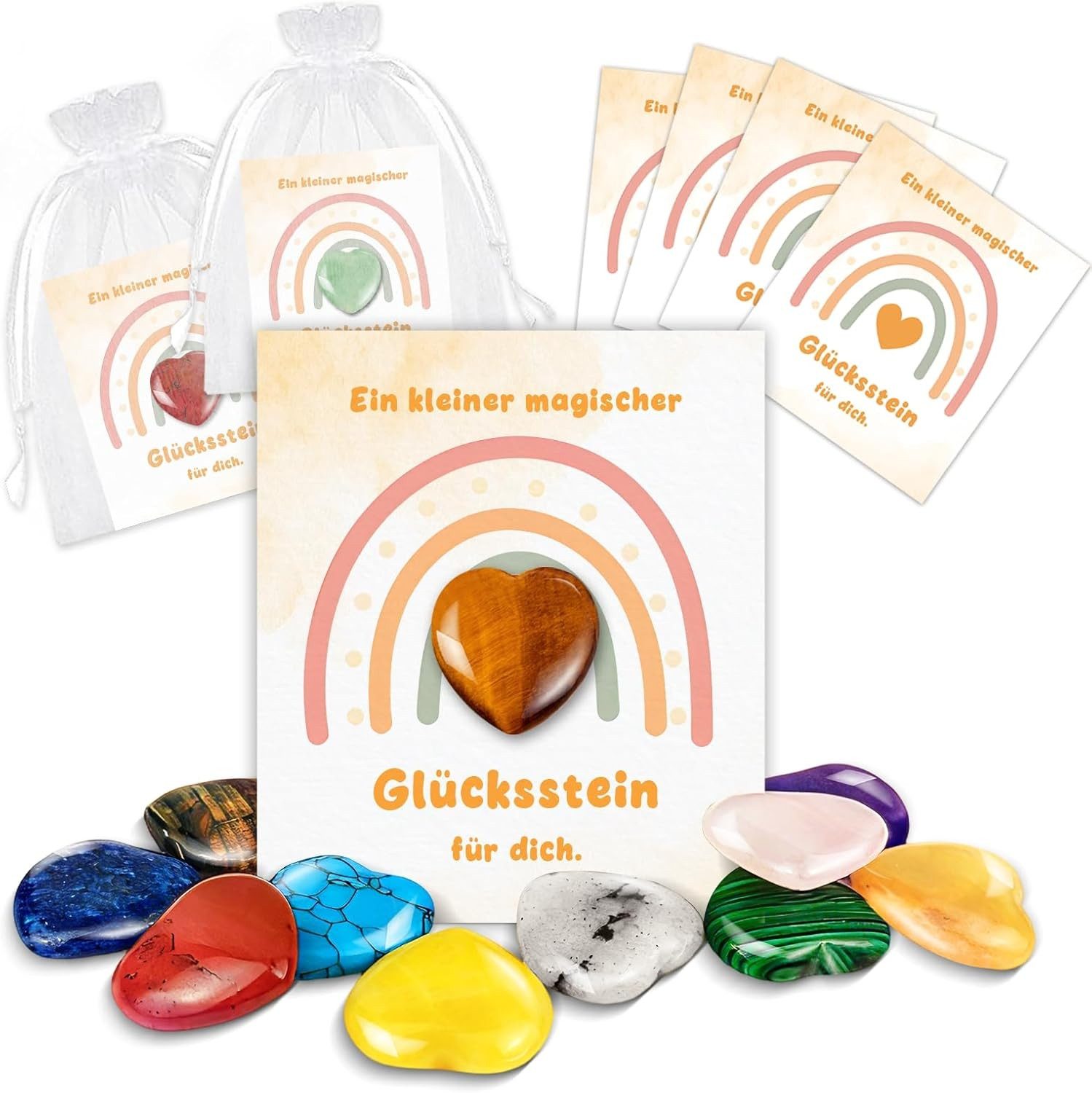 FOUORTUNATE-BEE Edelstein 12 Glückssteine Set mit Karte & Beutel – Kinder Geschenk, Glückssteine mit Karte und Beutel – Souvenir für Kinder