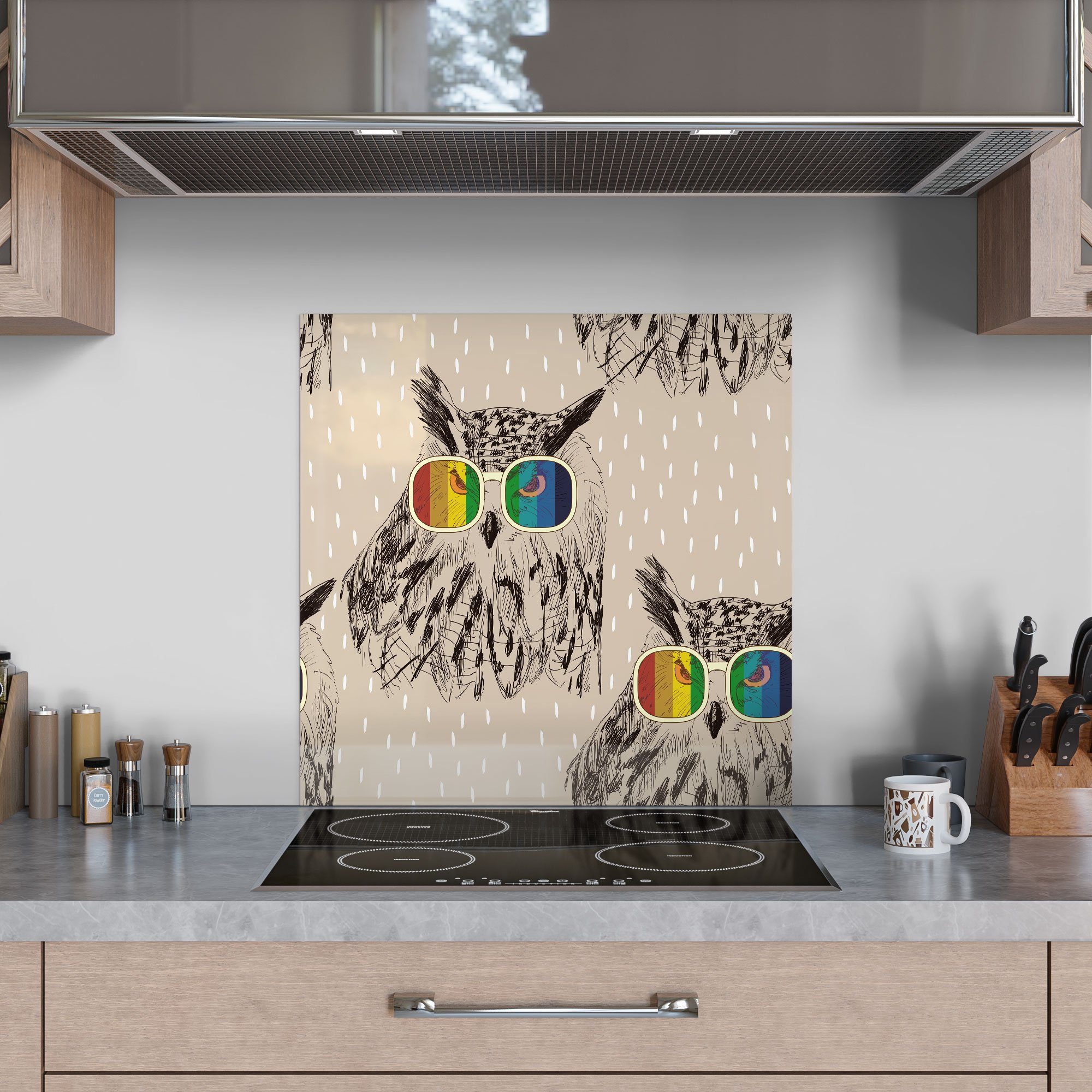 Badrückwand Herdblende Küchenrückwand 'Eule mit Spritzschutz Regenbogenbrille', DEQORI Glas
