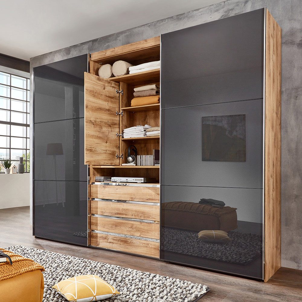 Lomadox Kleiderschrank MIDLAND-43 in Eiche Glasfront grau TV Halterung Schwebetüren 300x236x65 cm