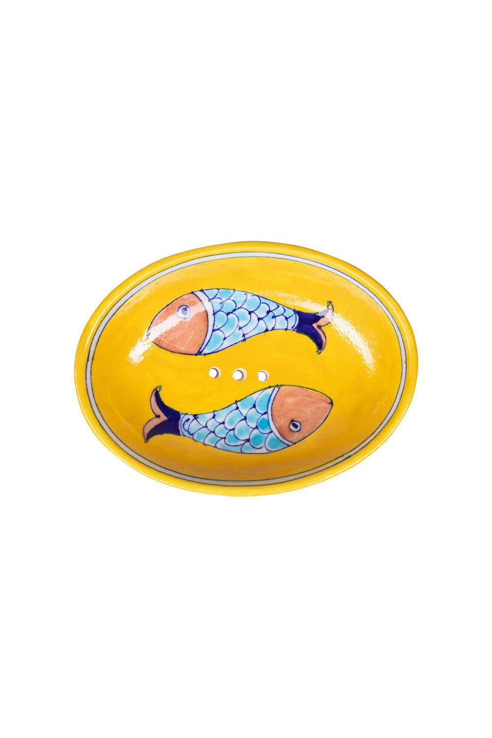 Tranquillo Seifenschale aus Keramik BLUE POTTERY oval 13x10x4 cm handgefertigt mit Fisch-Motiv, Breite: 10 cm, Dekorative, handgefertigte Seifenschale aus Keramik mit praktischen Ablauflöchern, die traditionelle Töpferkunst aus Jaipur unterstützt und zugl