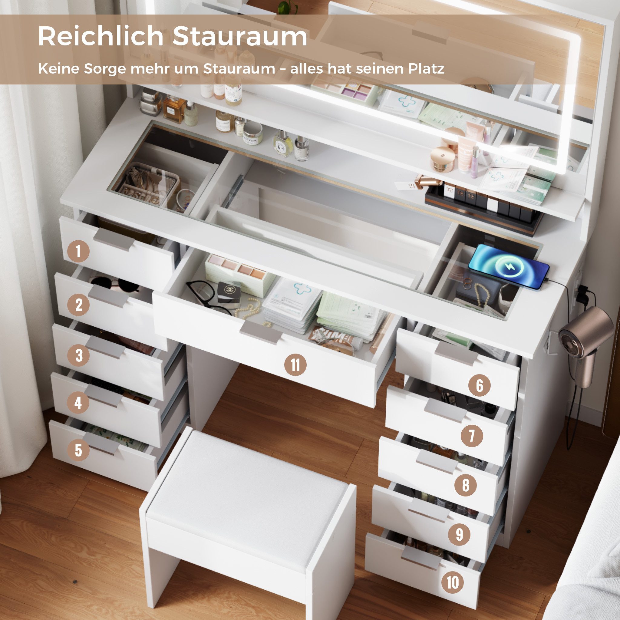 Mondeer Schminktisch Kosmetiktisch-Set(2-St), mit LED-Spiegel, 11 Schubladen und Hocker – Bild 5 von 5