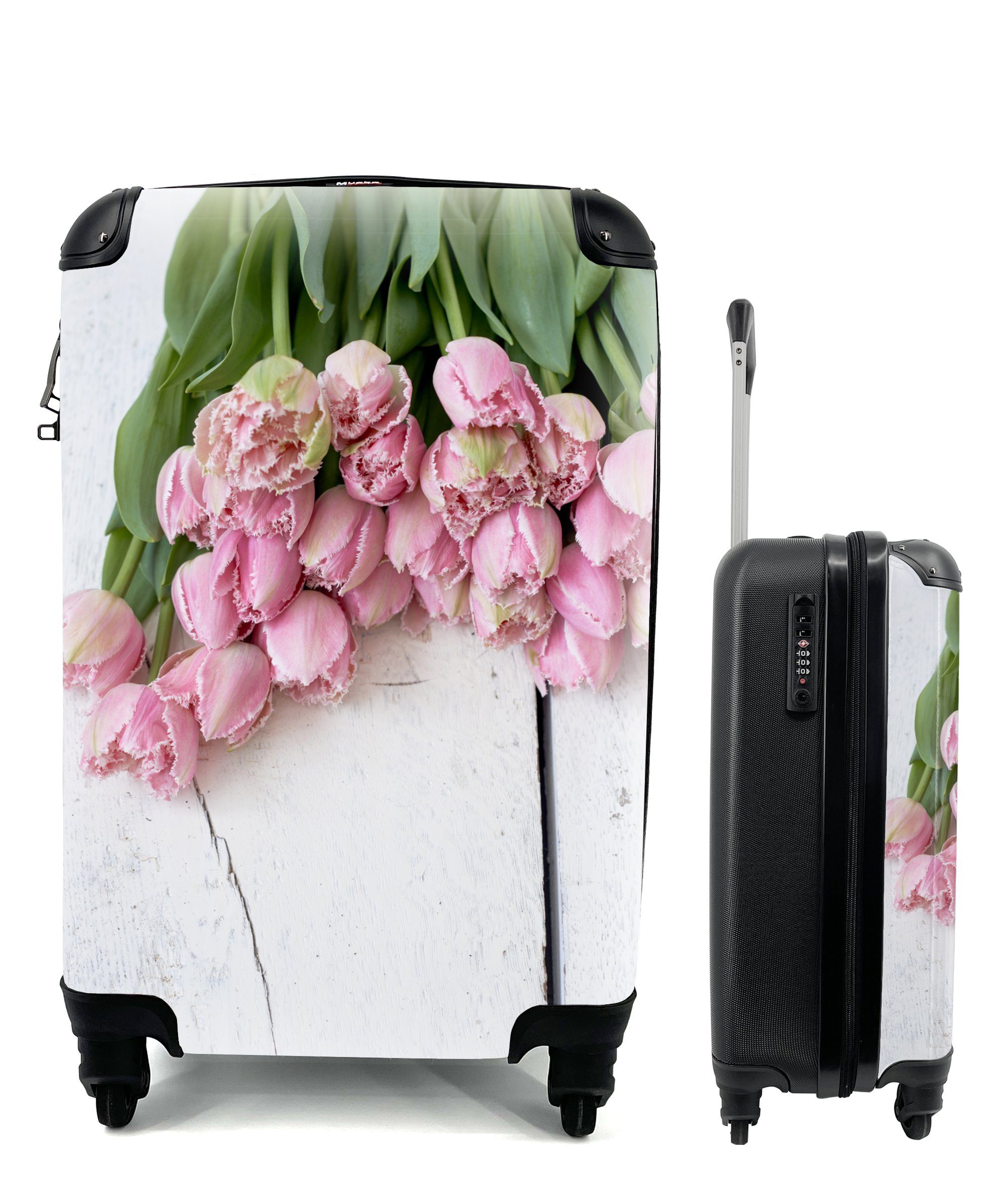 MuchoWow Handgepäckkoffer Rosa Tulpen auf einem weißen Tisch, 4 Rollen, Reisetasche mit rollen, Handgepäck für Ferien, Trolley, Reisekoffer