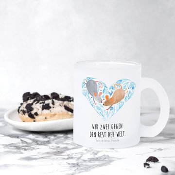 Mr. & Mrs. Panda Teeglas Mäuse Herz - Transparent - Geschenk, Verlobung, Teetasse, große Liebe, Premium Glas, Liebevolles Design