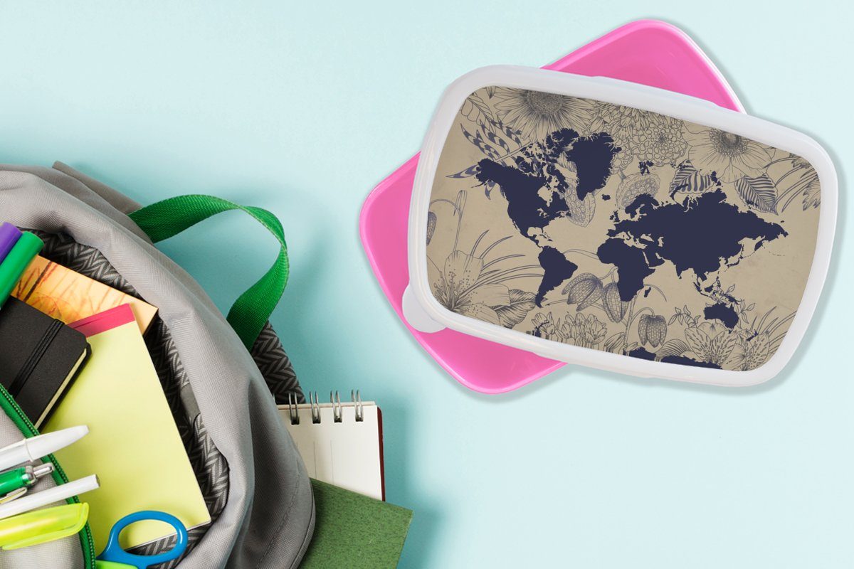 MuchoWow Kinder, Mädchen, Kunststoff, Kunststoff Blumen rosa Brotbox Erwachsene, Snackbox, Brotdose Blau, Lunchbox für - (2-tlg), - Weltkarte