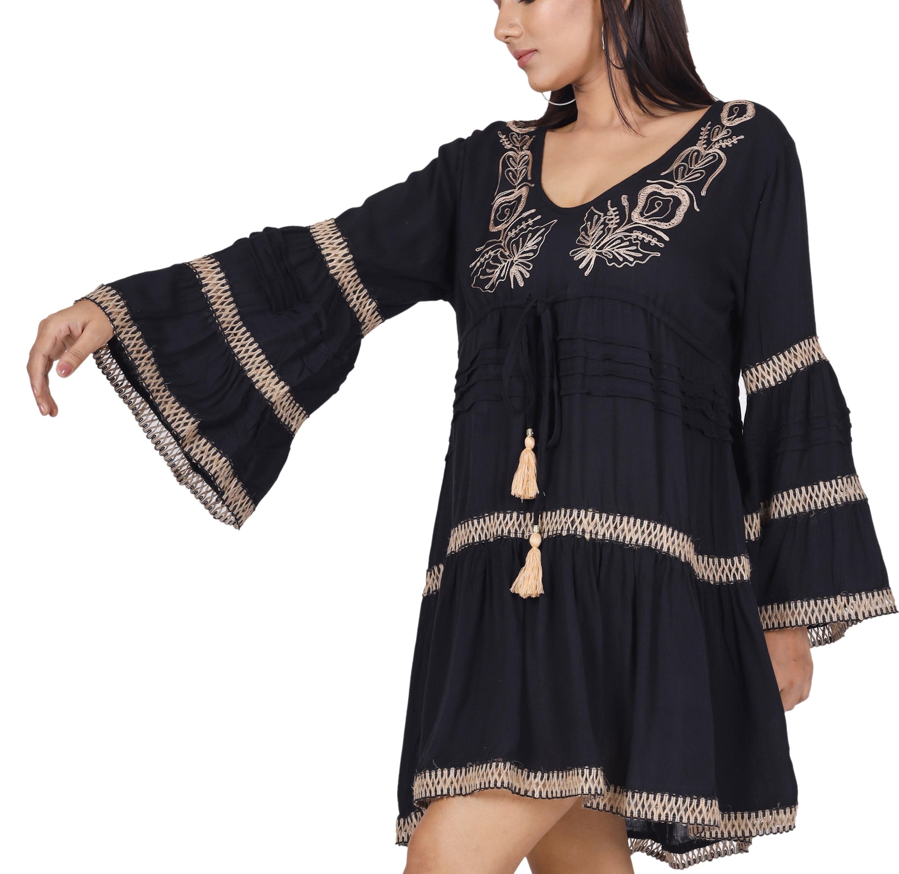 Guru-Shop Longbluse Boho Krinkelbluse, bestickte Hippie Tunika -.. alternative Bekleidung schwarz