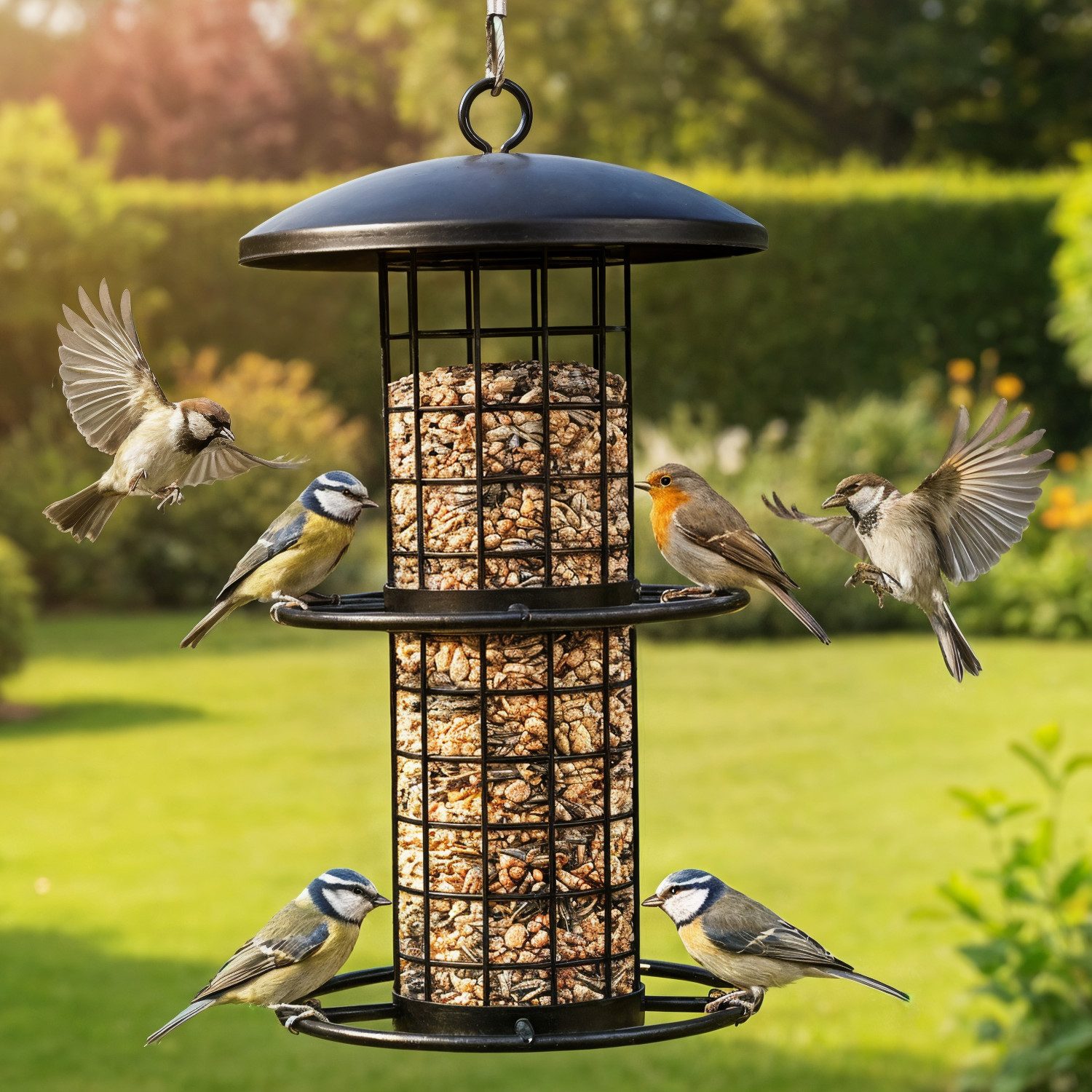 Zooprinz Futterspender Futtersilo Metall für Vögel, Wildvögel, Futterstation, Vogelfutterhaus, Sitzringe, witterungsbeständig und langlebig, Stahlseil