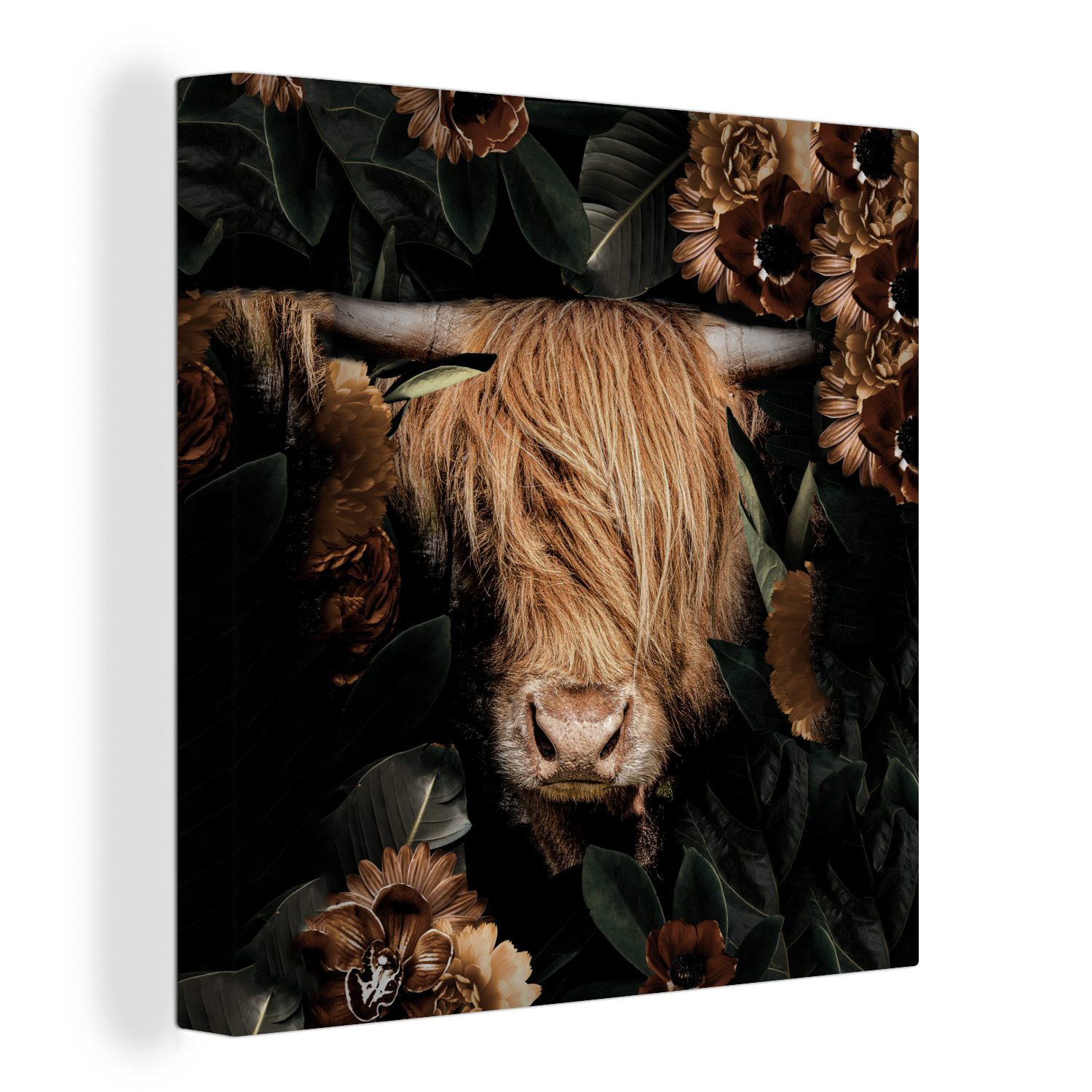 OneMillionCanvasses® Leinwandbild Schottischer Highlander - Blumen - Blätter - Horn, (1 St), Leinwand Bilder für Wohnzimmer Schlafzimmer