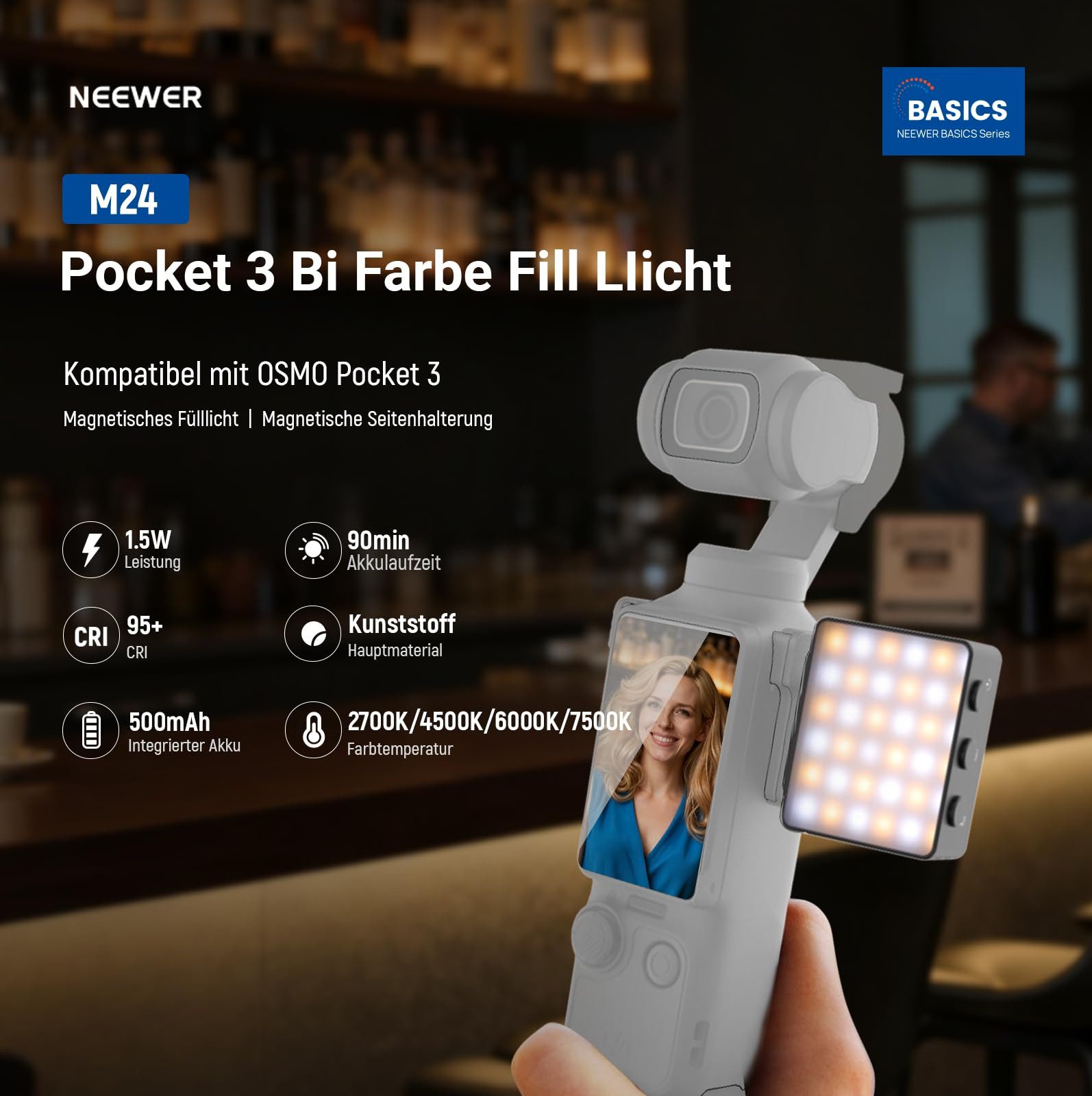 Neewer Videoleuchte M24 Zweifarbiges magnetisches Kamera Fülllicht für DJI Pocket 4 & 3, 1,5W wiederaufladbares Mini LED Videolicht, für TikTok Vlogs Selfies