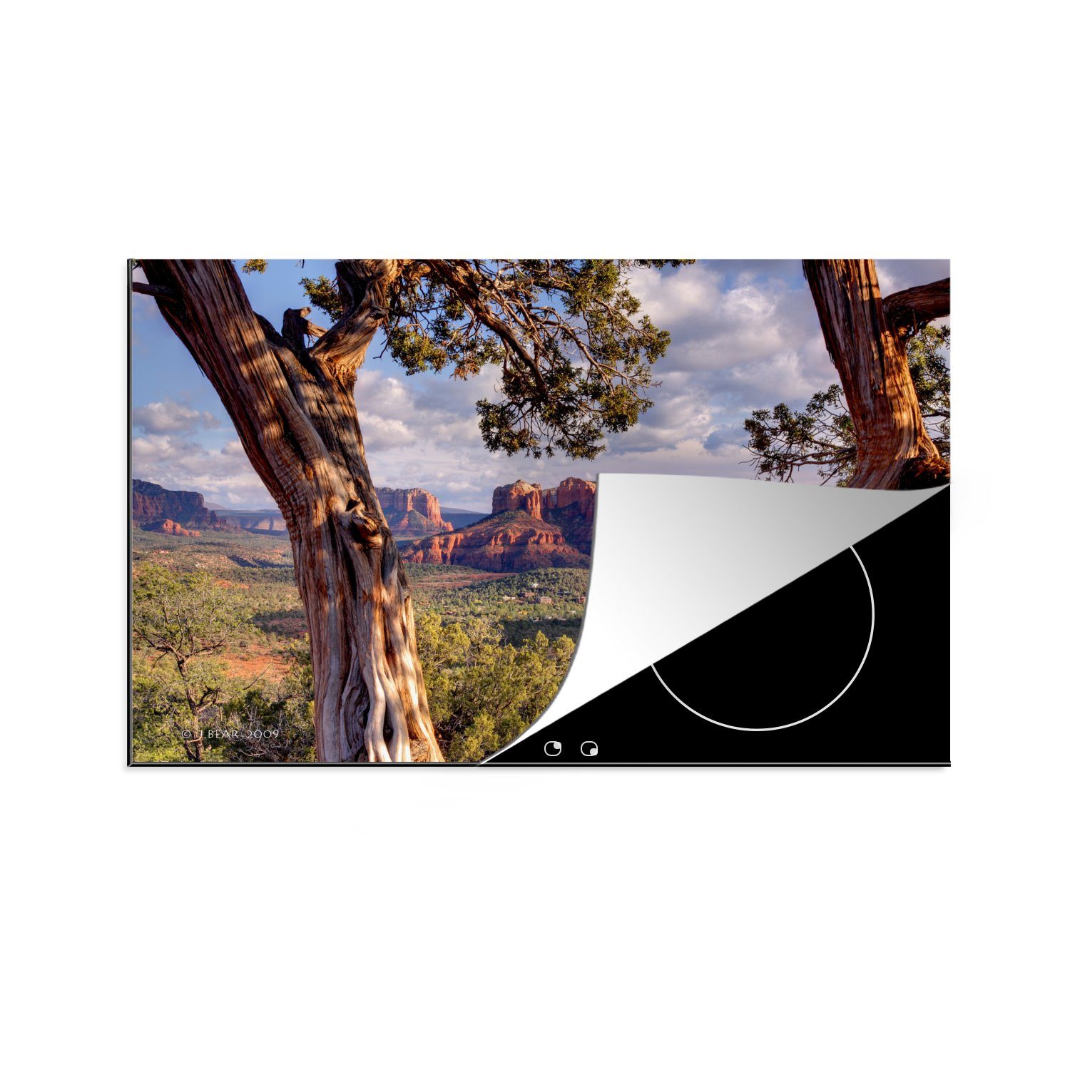 MuchoWow Herdblende-/Abdeckplatte Blick zwischen den Bäumen auf die Berge in Sedona, Vinyl, (1 tlg), 81x52 cm, Induktionskochfeld Schutz für die küche, Ceranfeldabdeckung