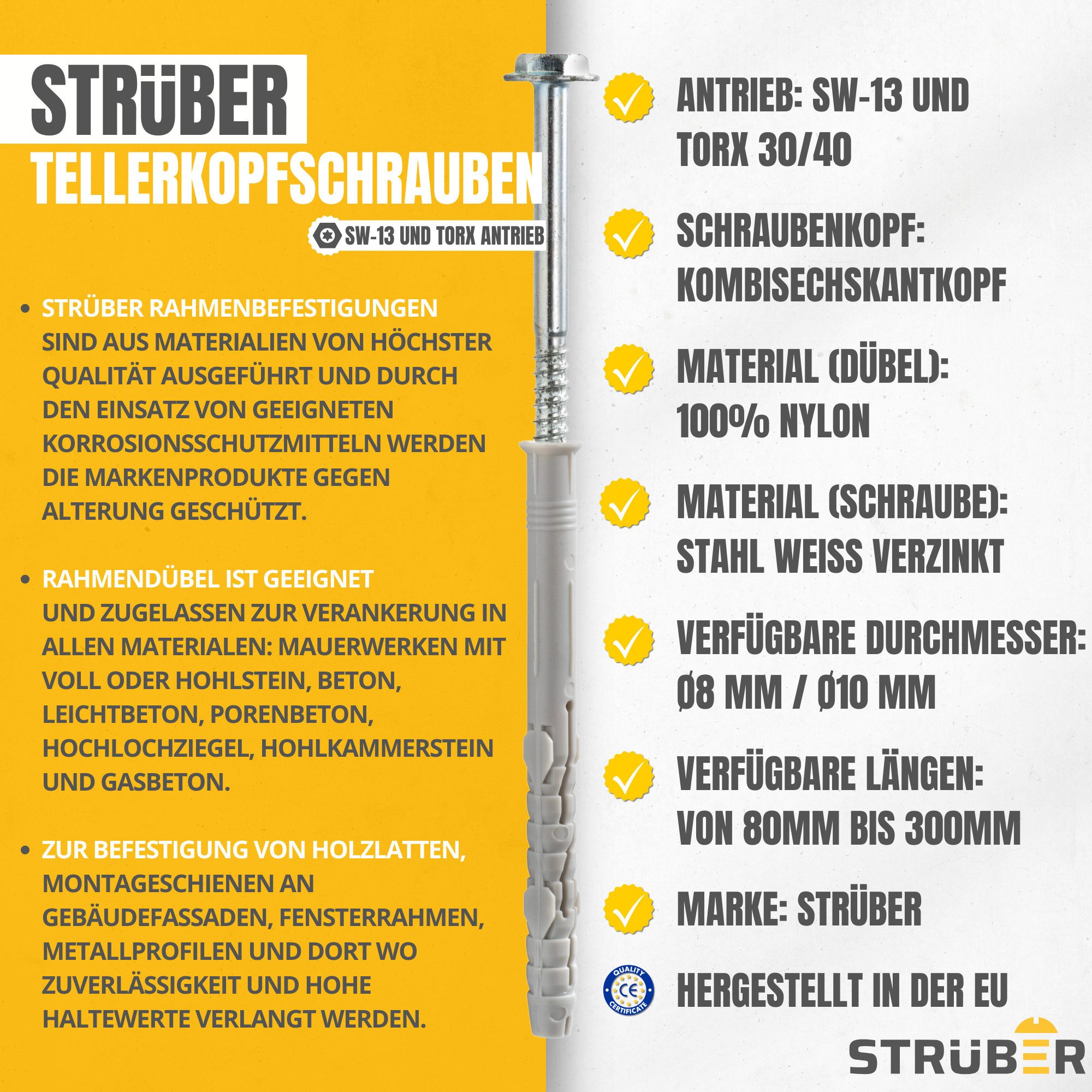 STRÜBER Schrauben- und Dübel-Set Rahmendübel mit Sechskantschraube und Scheibenkopf mit SW/TX-Buchse