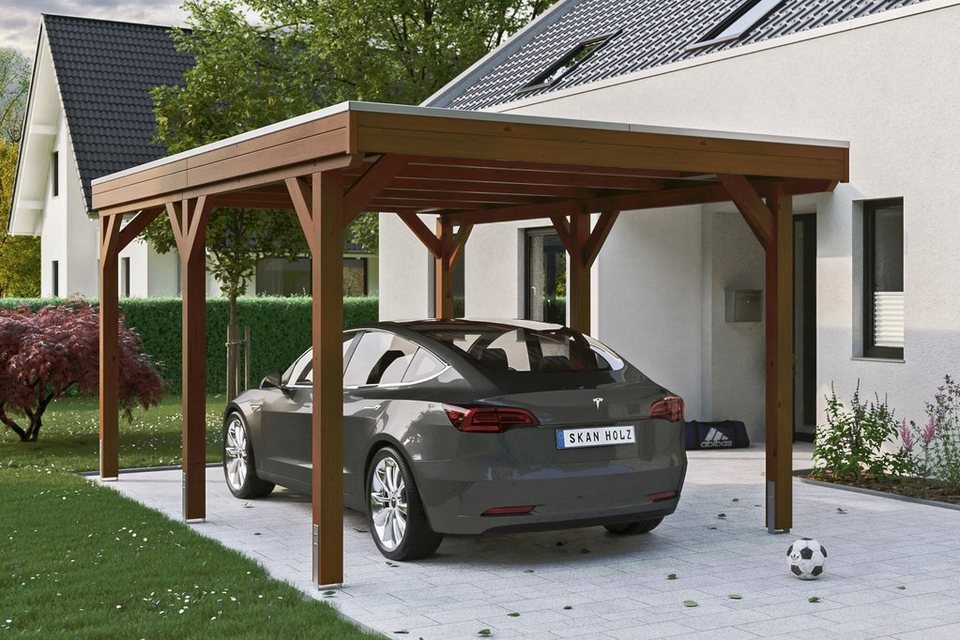 Skanholz Einzelcarport Grunewald, BxT: 321x554 cm, 289 cm Einfahrtshöhe,  mit Aluminiumdach, Flachdach mit Aluminium-Dachplatten, farblich behandelt  in nussbaum