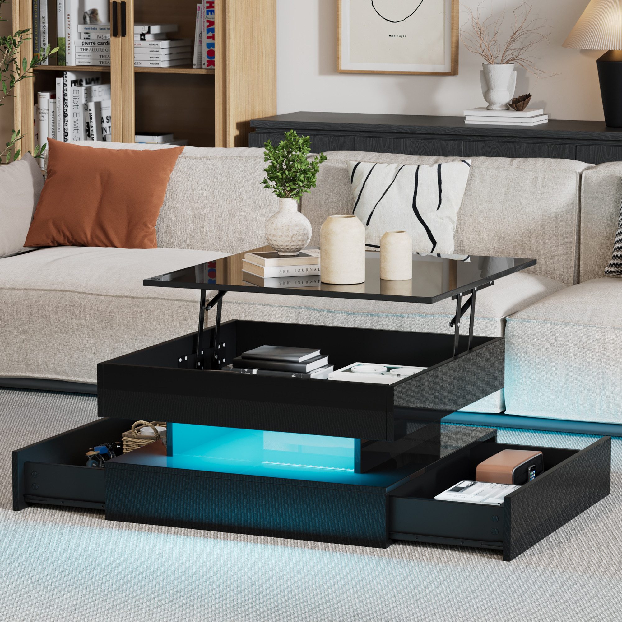 Merax Couchtisch hochglanz Sofatisch anhebbarer Beistelltisch mit LED-Beleuchtung (65 x 65 x 38.5 cm, 1-St., für Wohnzimmer, Homeoffice & kleine Wohnungen), Quadratischer Wohnzimmertisch mit 2 Schubladen & Verstecktem Stauraum