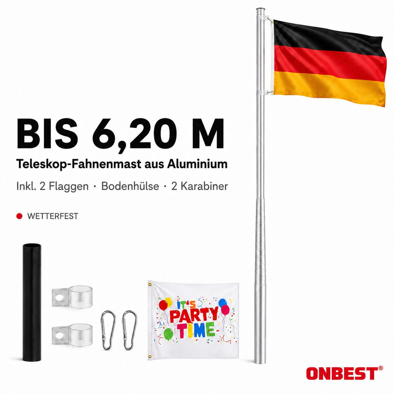 Onbest Fahne Fahnenmast Teleskop Flaggenmast (6-St), bis 6,2m, mit Partyfahne Karabiner und Bodenhülse
