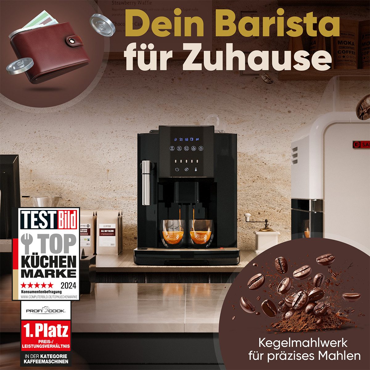 ProfiCook Kaffeevollautomat PC-KAV 1281, Kaffeevollautomat mit Milchdüse für Cappuccino