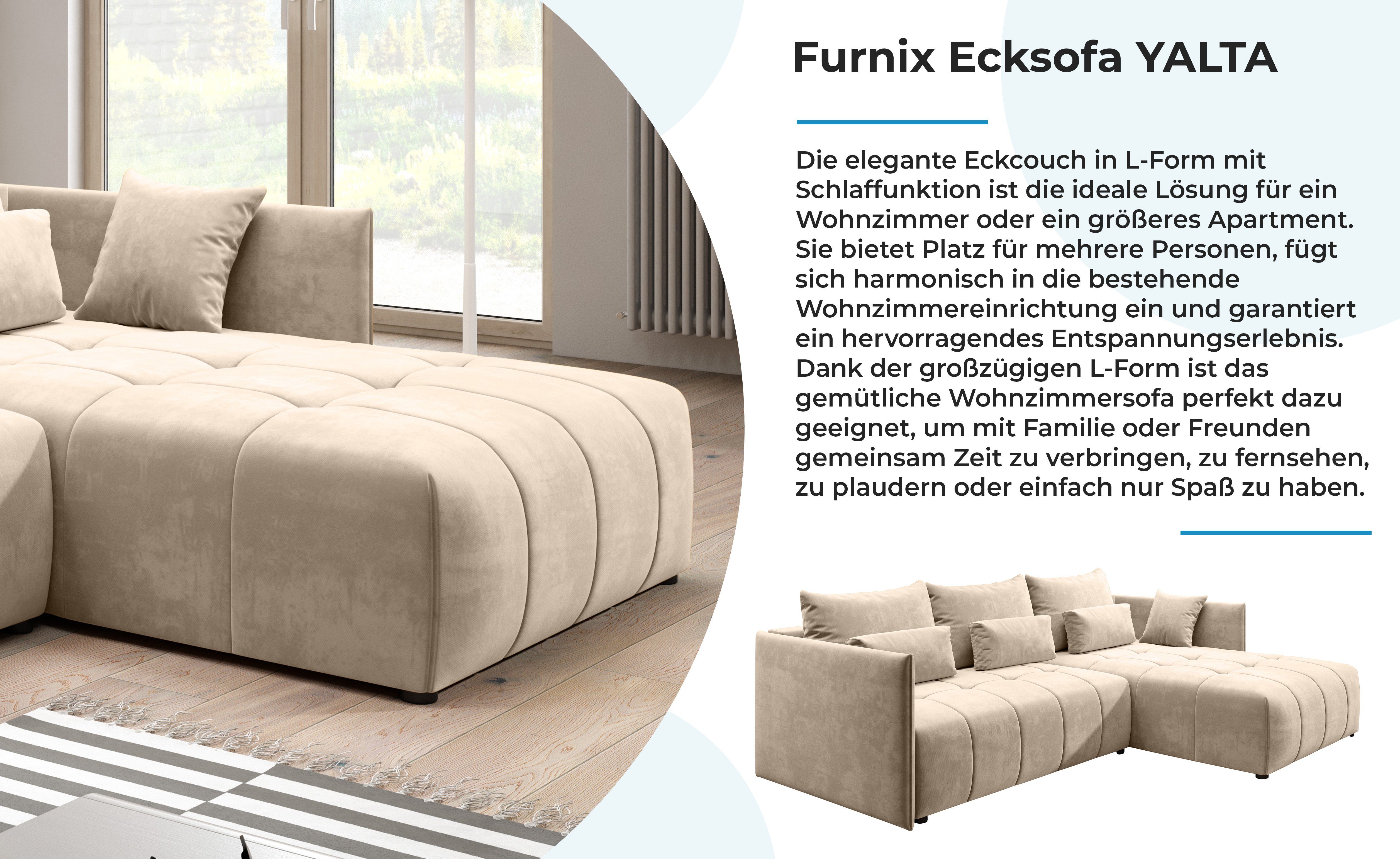 Europe Beige ausziehbar und mit YALTA Schlafsofa Ecksofa Furnix Couch Made 02 Kissen, in MH Bettkasten