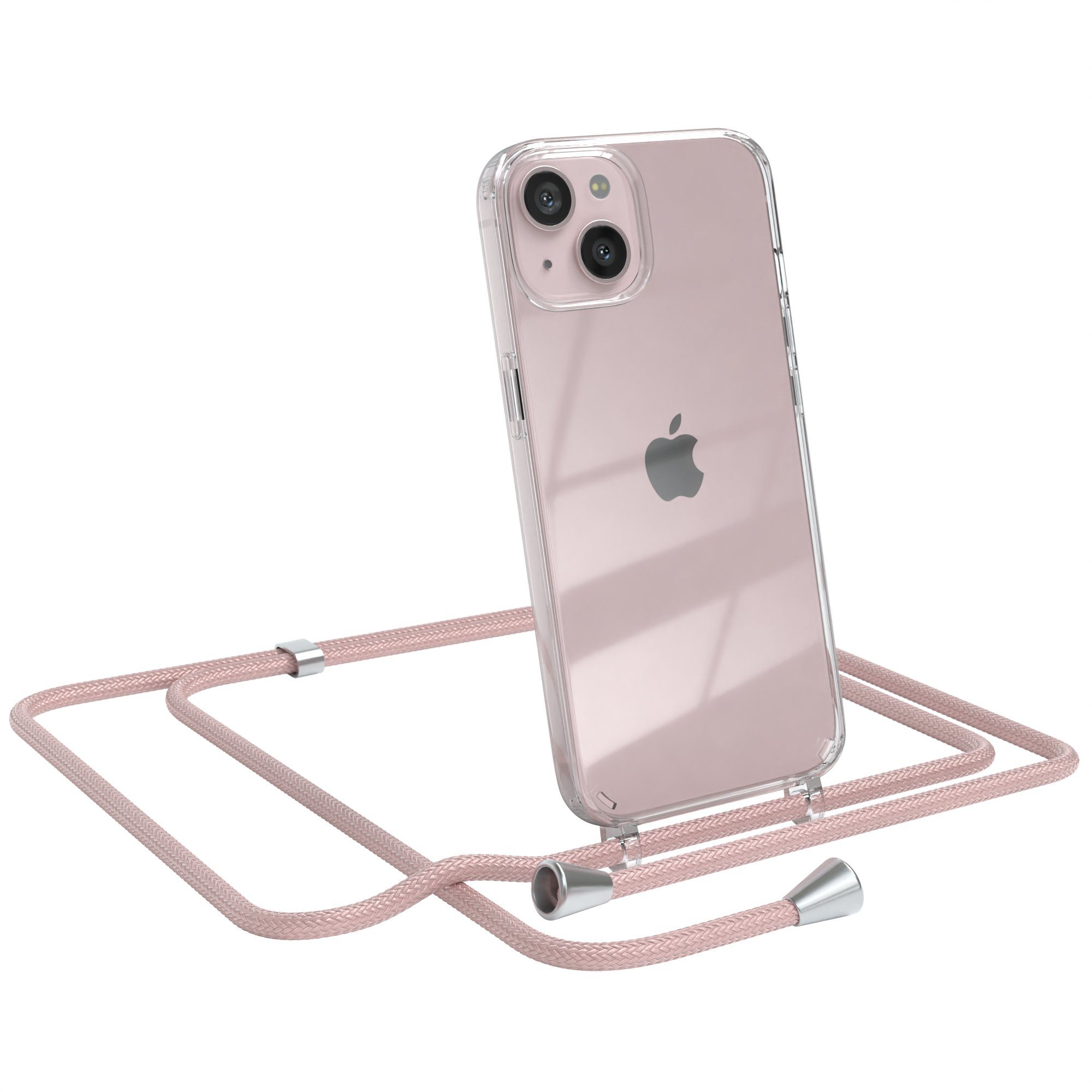 EAZY CASE Handykette Hülle mit Kette für Apple iPhone 13 6,1 Zoll, Slimcover Festival Hülle Band Handyketten Umhängehülle Altrosa Rosé