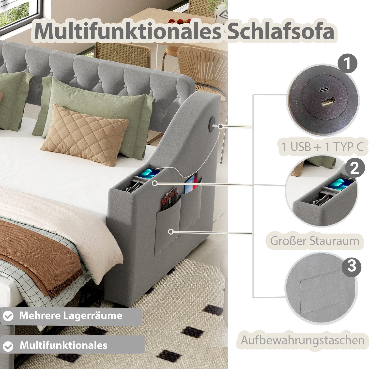 autolock Schlafsofa Polsterbett, Schlafsofa mit USB-Ladeanschluss, Ablagetaschen