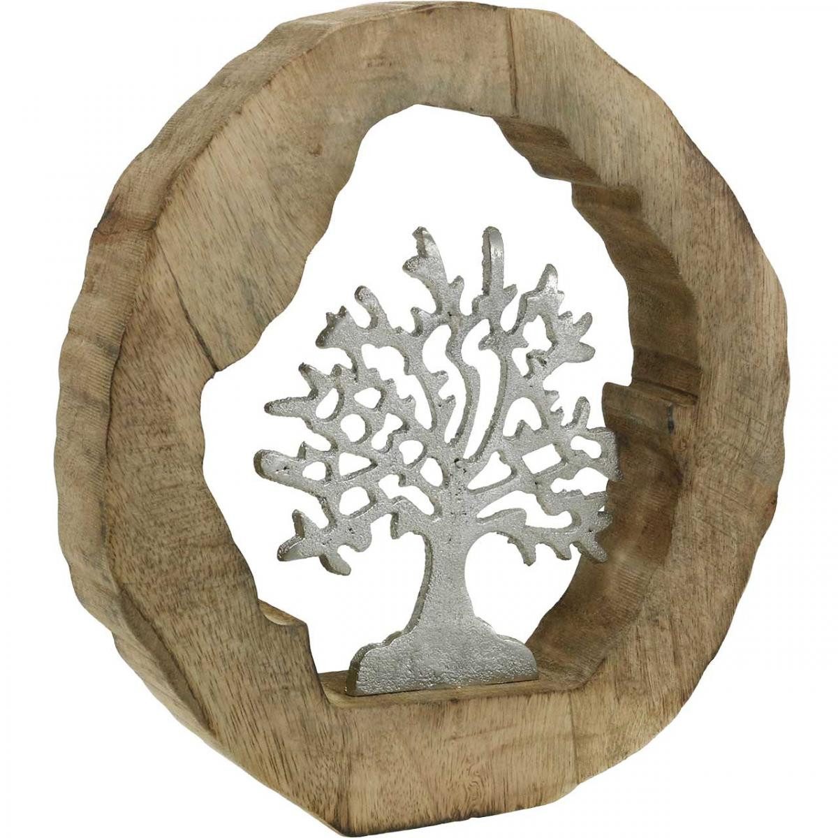 Dekofigur Deko-Skulptur Lebensbaum in Holzring Naturholz & Silber-Metall
