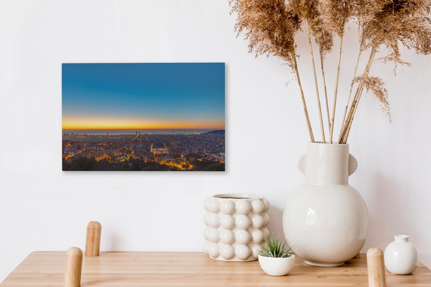 Leinwandbild 30x20 cm (1 Die Wandbild St), OneMillionCanvasses® Aufhängefertig, von am Leinwandbilder, Wanddeko, Barcelona Skyline Abend,
