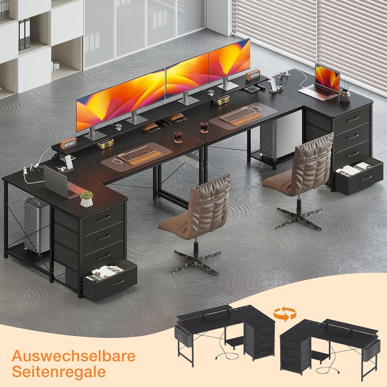 ODK Eckschreibtisch L-Form mit 4 Schubladen, 2 USB Ladeanschlüssen & 2 Steckdosen