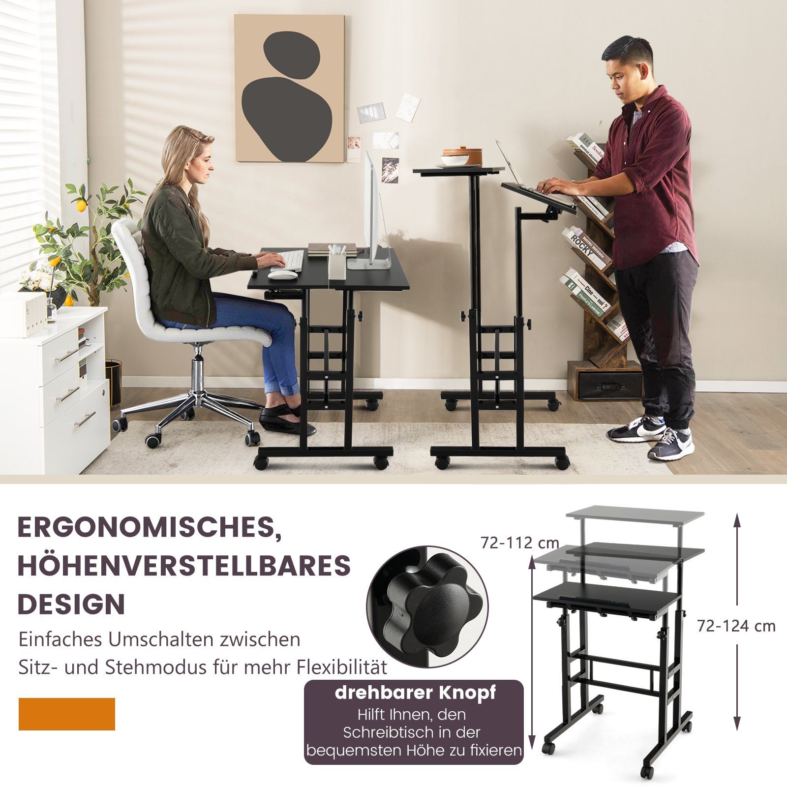 COSTWAY 2-stufig, höhenverstellbar Schwarz 72-124cm mit Computertisch, Rollen,