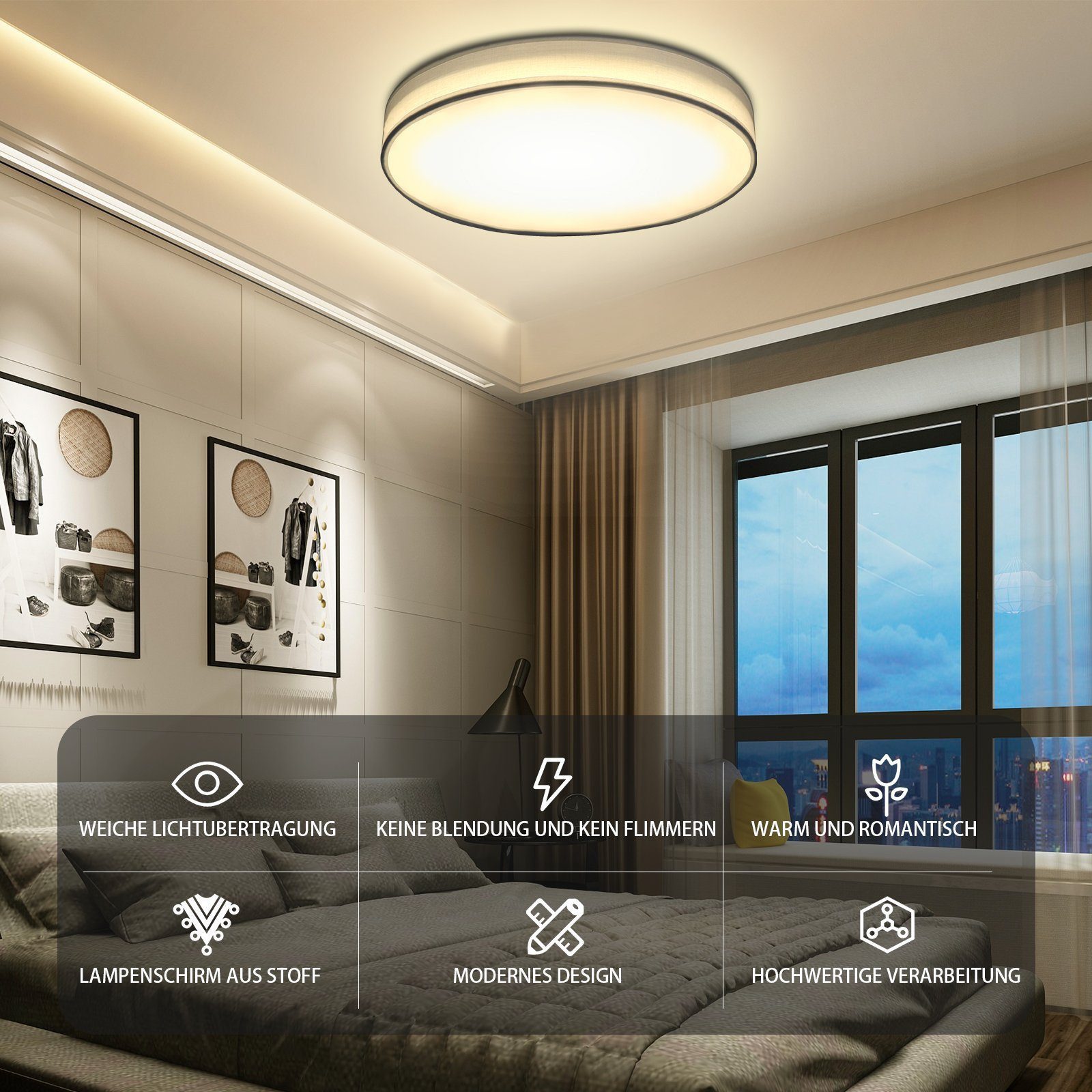 Nettlife LED Deckenleuchte LED Deckenleuchte Φ38cm runder Stoff Dunkelgrau, günstig online kaufen