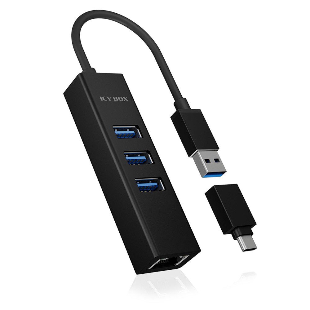USB-Verteiler ICY BOX IB-HUB1419-LAN 4 Port USB 3.2 Gen 1-Hub (USB 3.0) Schwarz