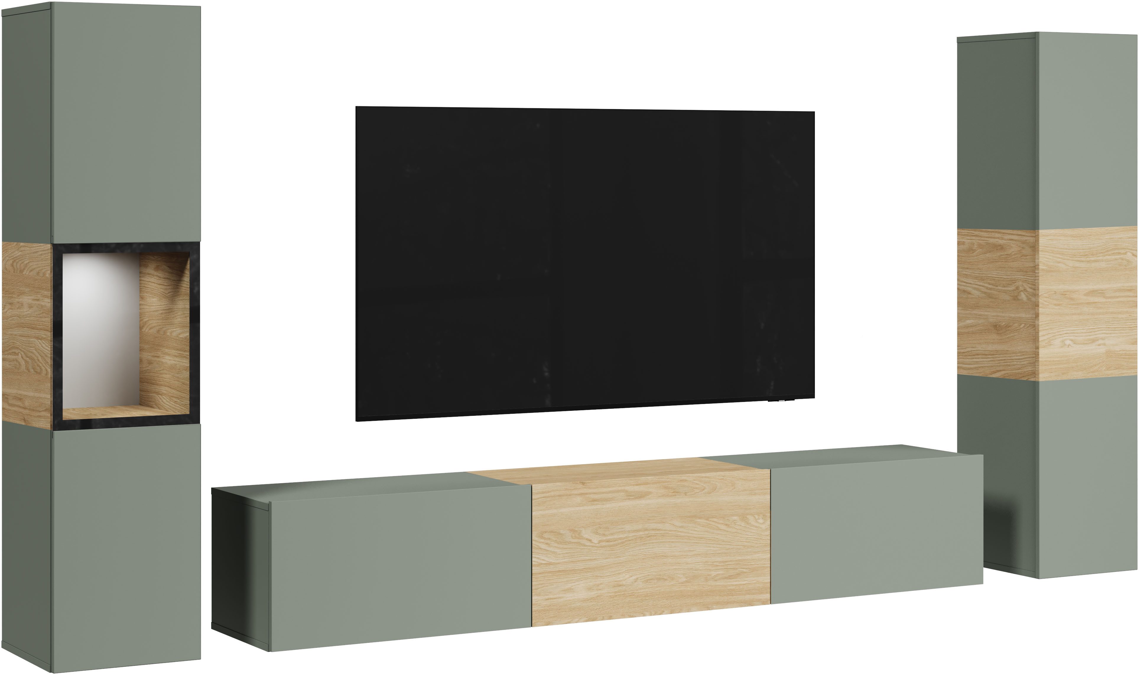Home affaire Wohnwand BERLIN III, Vitrine Türschlag links/rechts wechselbar, (Komplett-Set, 3-St), moderne grifflose Mediawand Breite 260 cm, Vitrine mit Verglasung